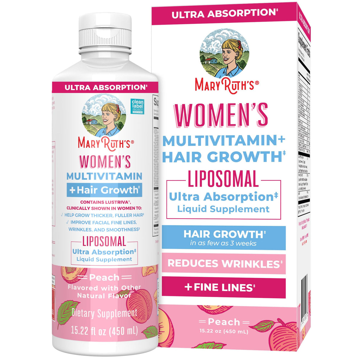 MARYRUTH'S Cabello crecimiento multivitamínico: frasco visible enfocado en la etiqueta y crecimiento capilar.