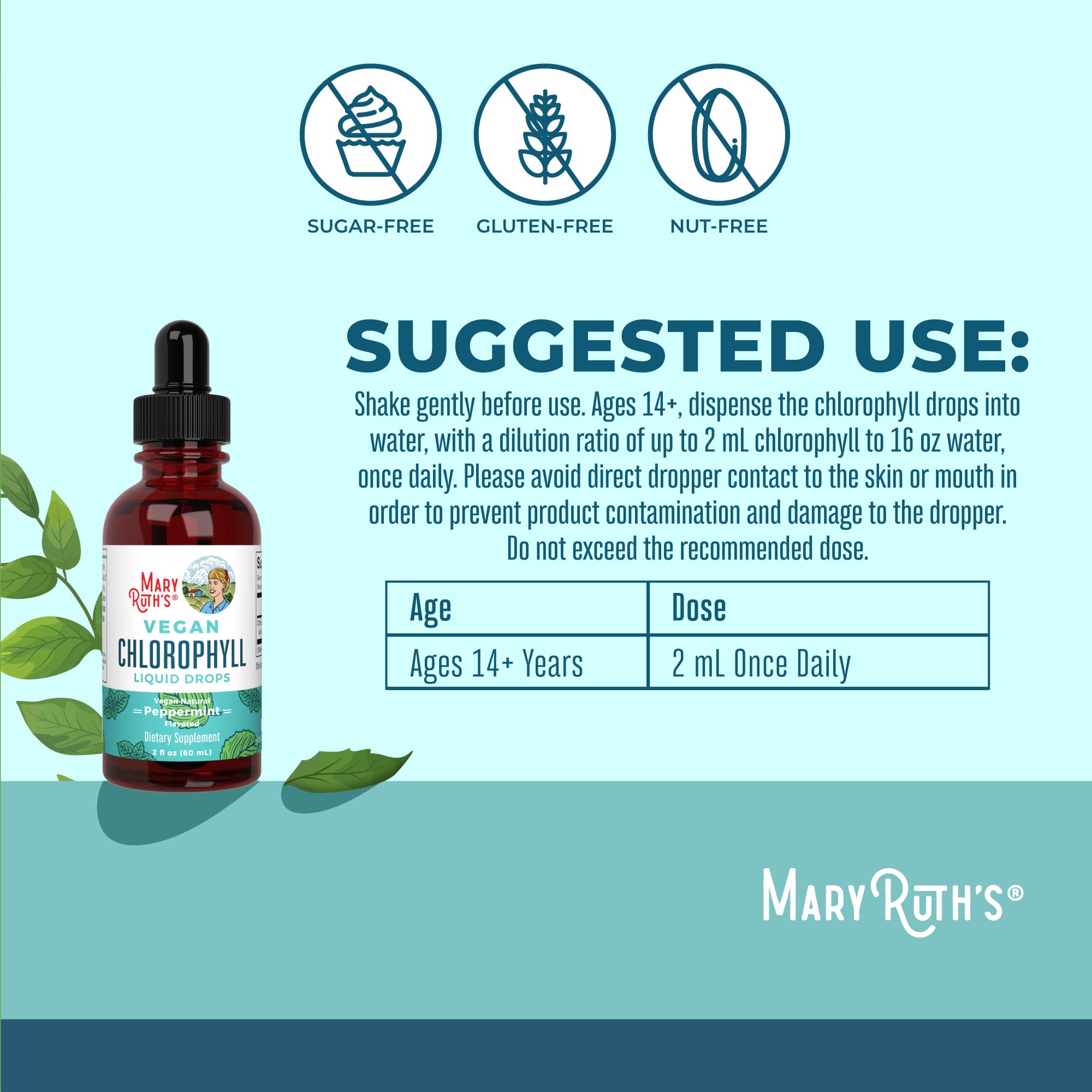 MaryRuth's Clorofila se diluye en agua para beber fácilmente.