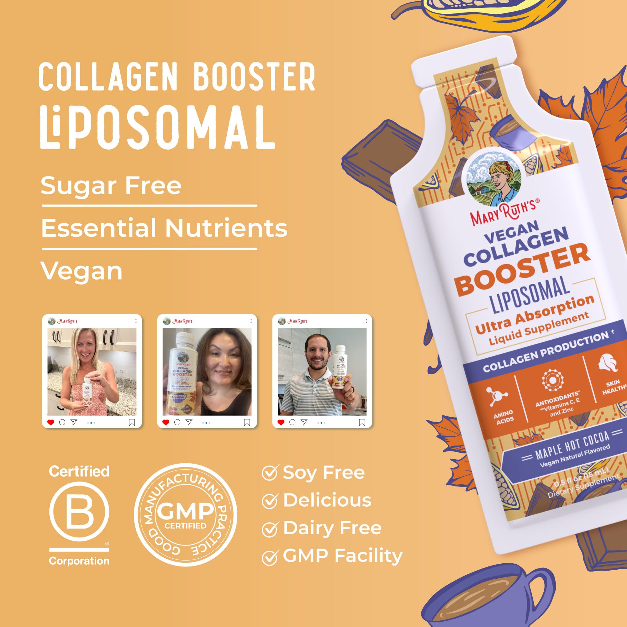 MaryRuth's Collagen Booster Liposomal: etiqueta indica almendras y normas de fabricación.