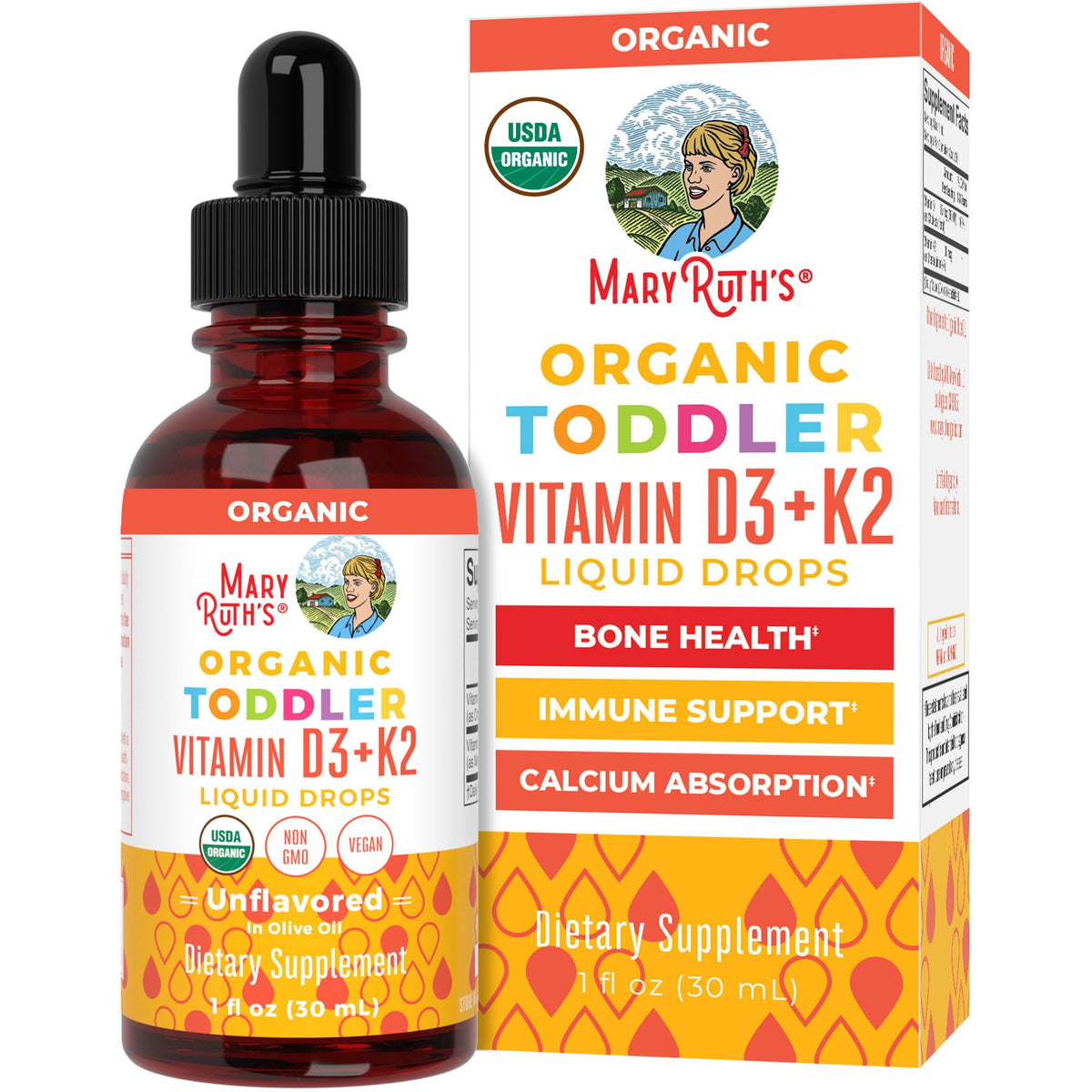 MaryRuth's Vitamina D3+K2 en gotas para niños, apoyo óseo diario.