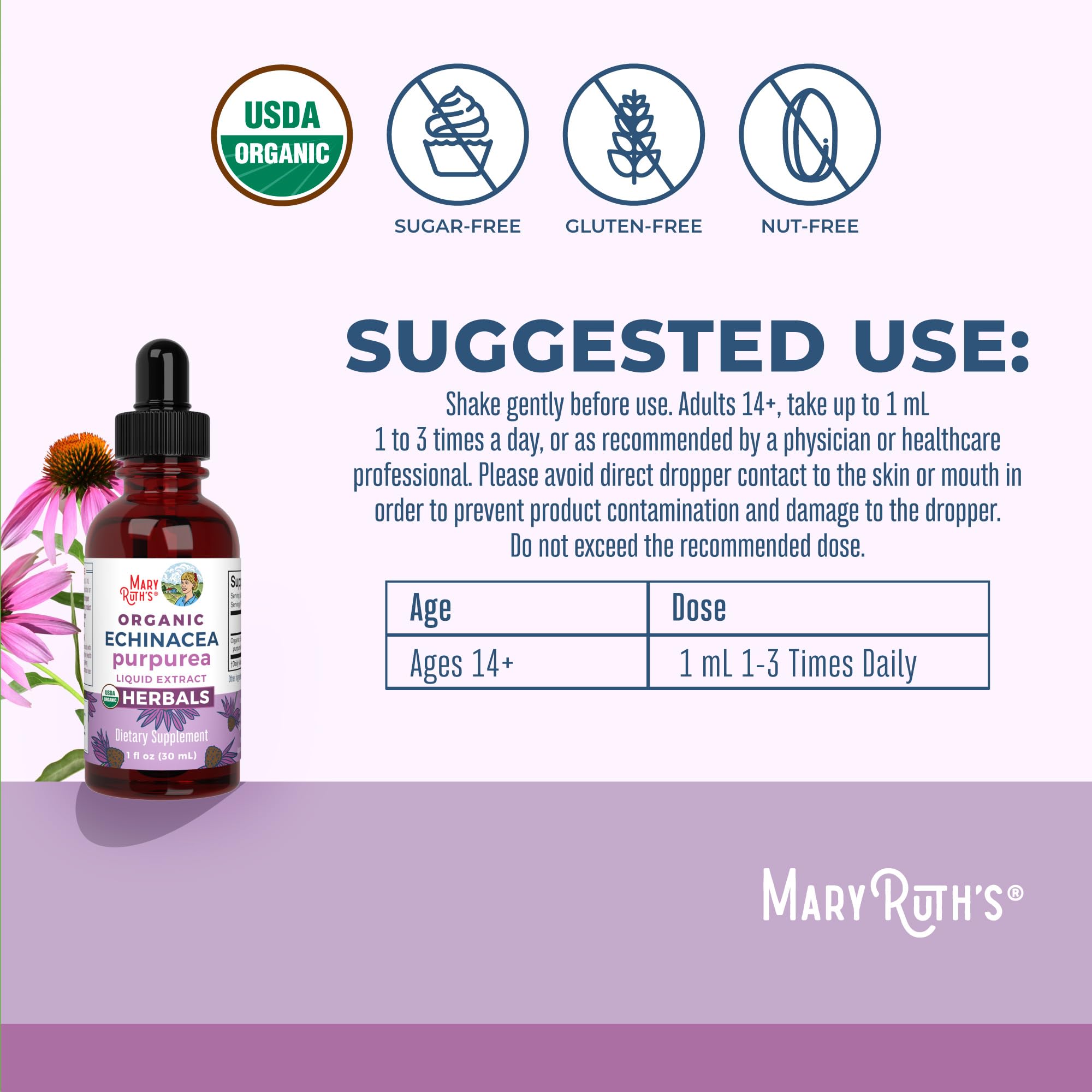 MaryRuth's Echinacea Purpurea, etiqueta orgánica apta para veganos.