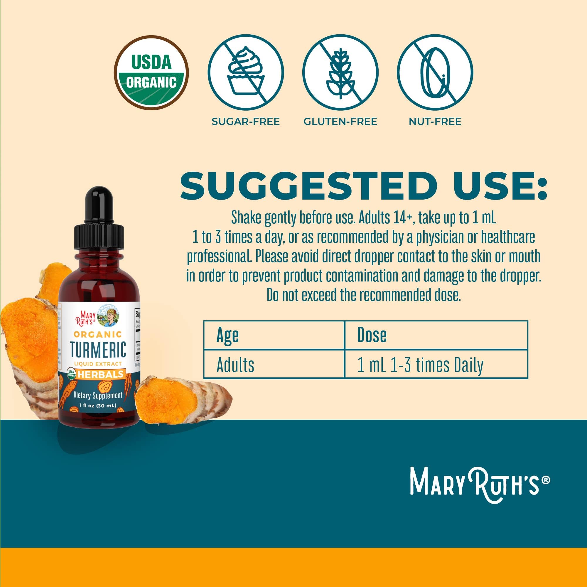 Extracto líquido de cúrcuma MaryRuth's mezclado en agua para beber.