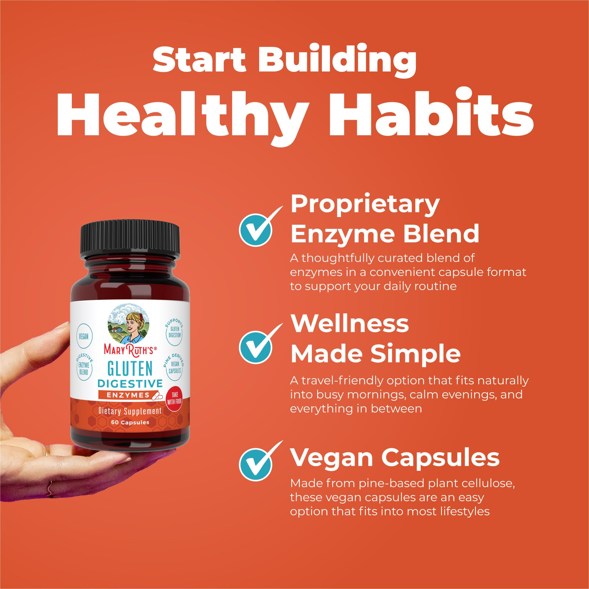 MaryRuth's Gluten Digestive Enzymes, cápsulas compactas ideales para viajar.