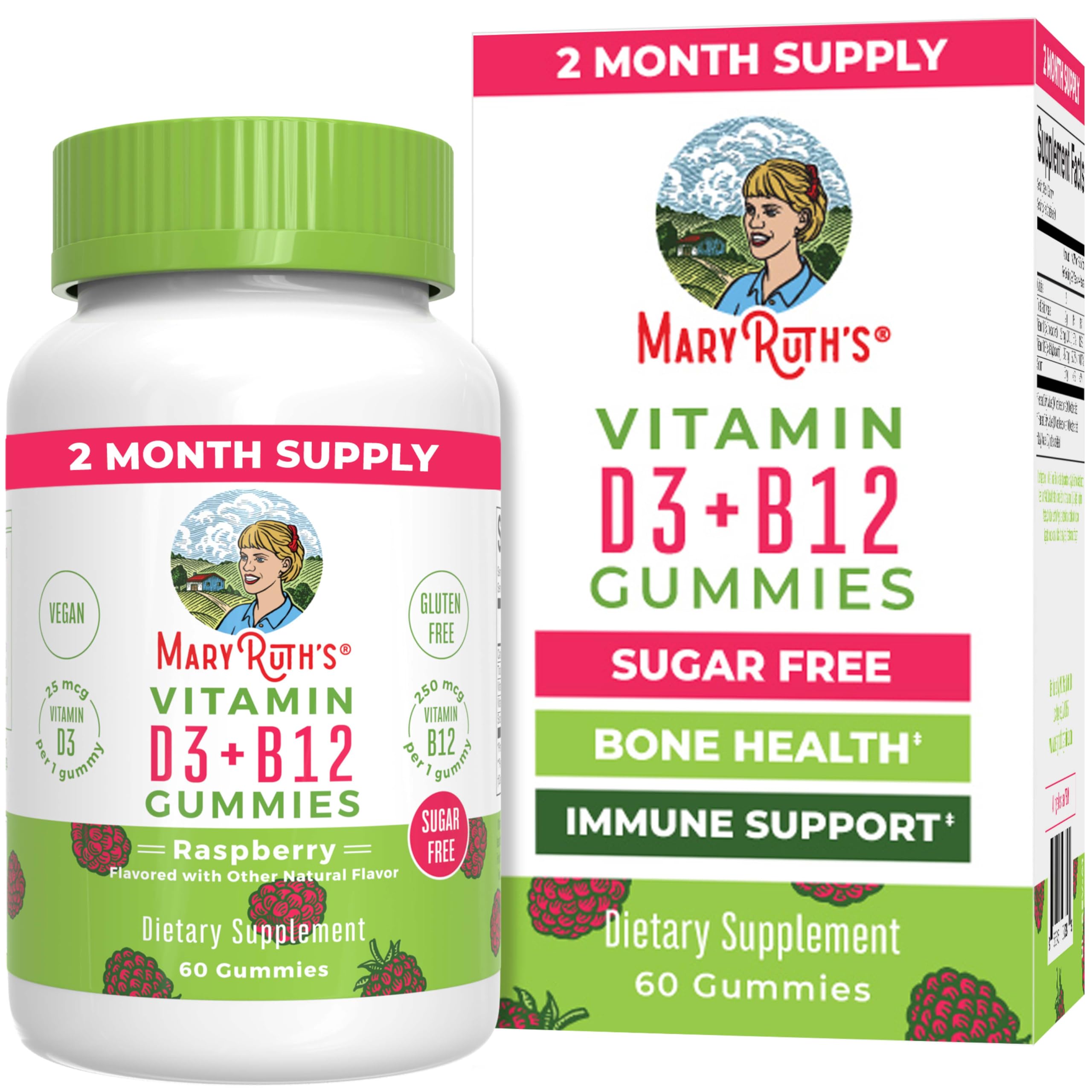 MaryRuth's gomitas frambuesa D3 B12 sin azúcar con sabor agradable para energía diaria