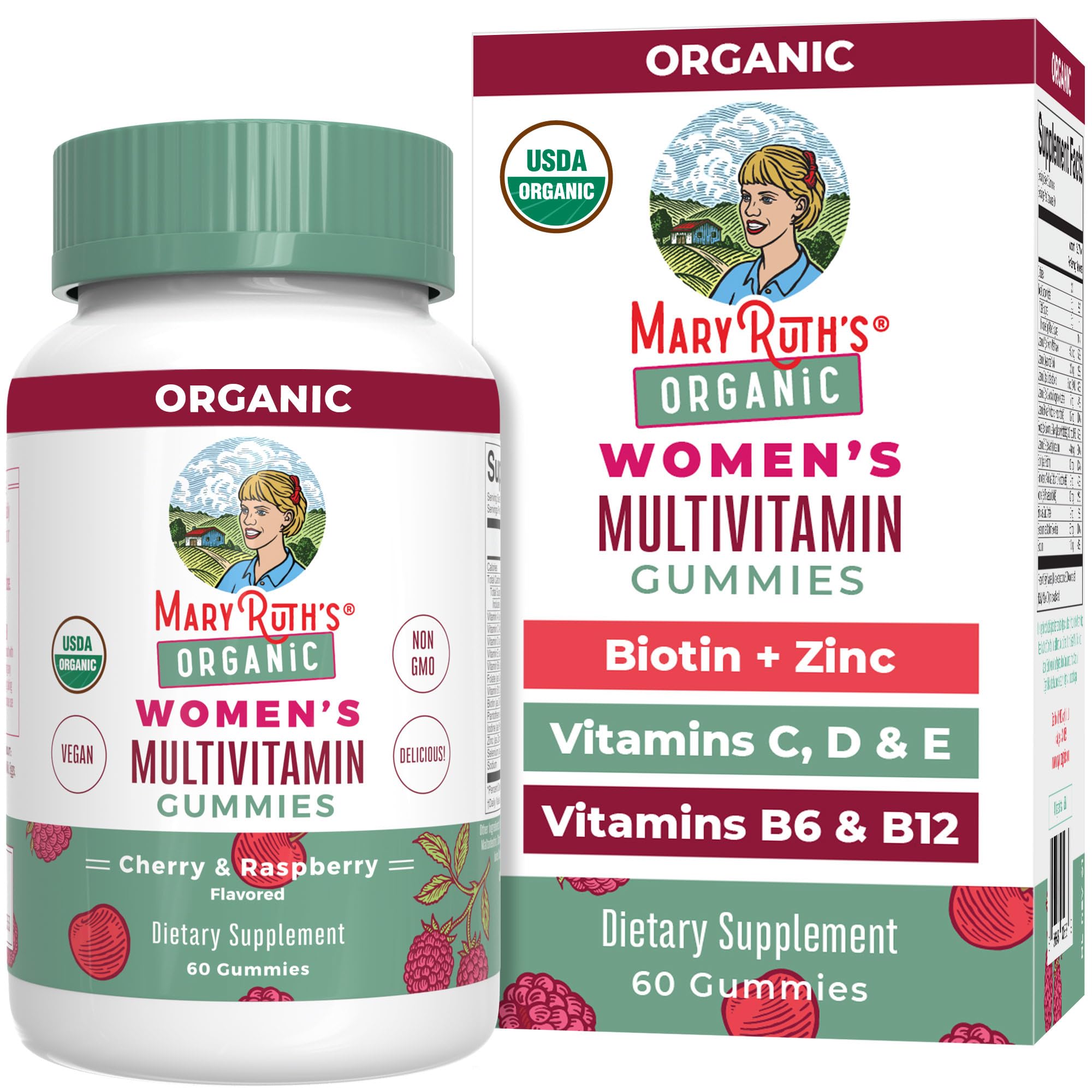 MARYRUTH'S gomitas multivitamínicas para mujeres con sabor frambuesa-cereza, frasco para uso diario.