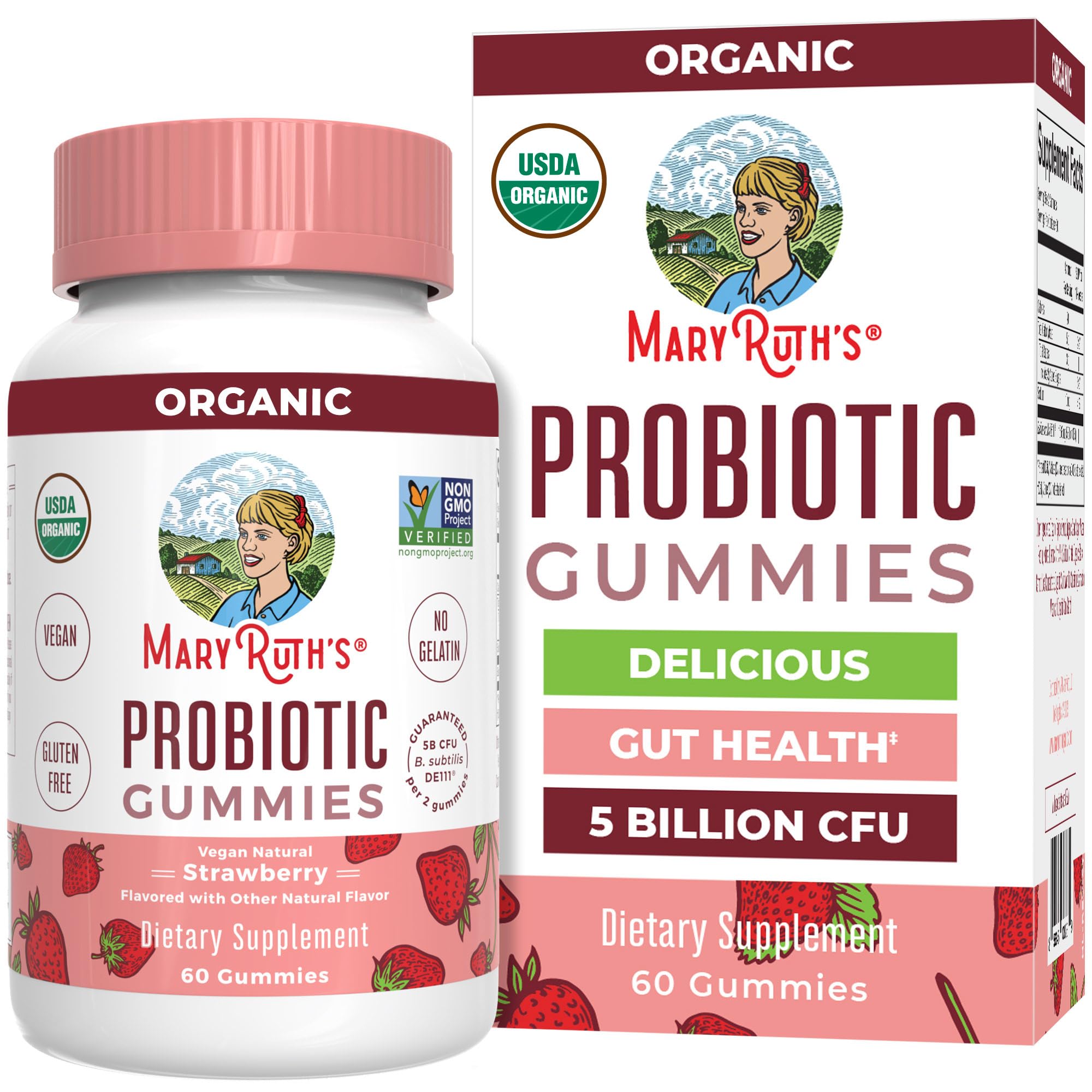 MARYRUTH'S gomitas probióticas sabor fresa para apoyar la digestión diaria.
