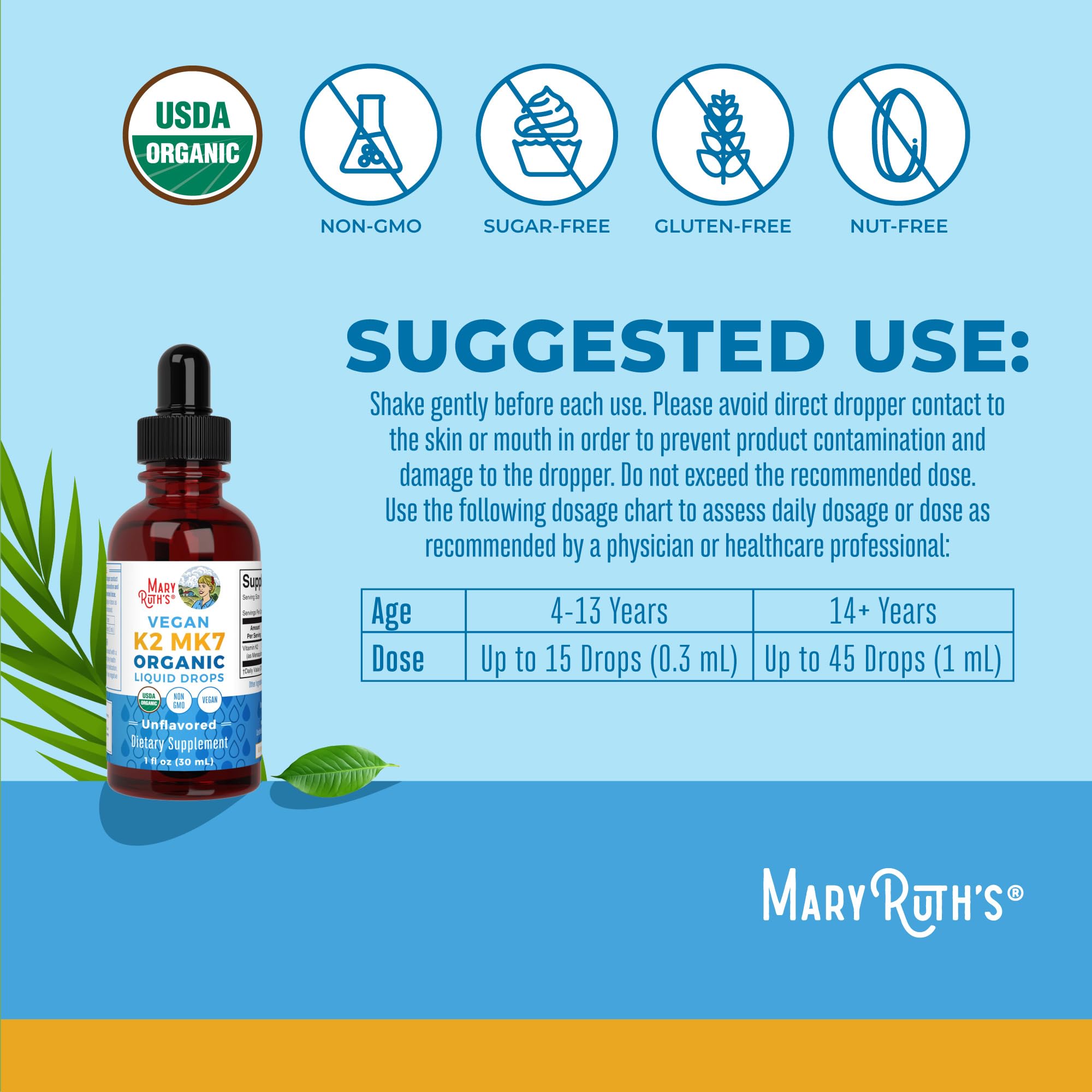 Envase de 1oz MaryRUTH'S K2 MK7 para dosificación diaria fácil