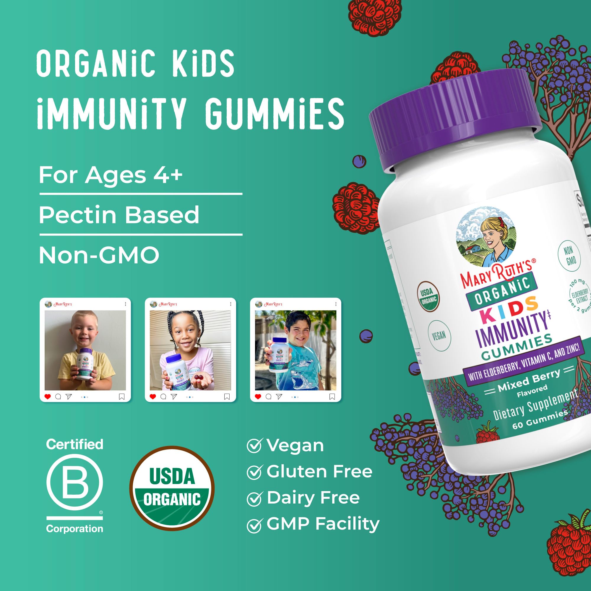 MaryRuth's Kids Immunity Gummies opción vegana y sin gluten para familias.