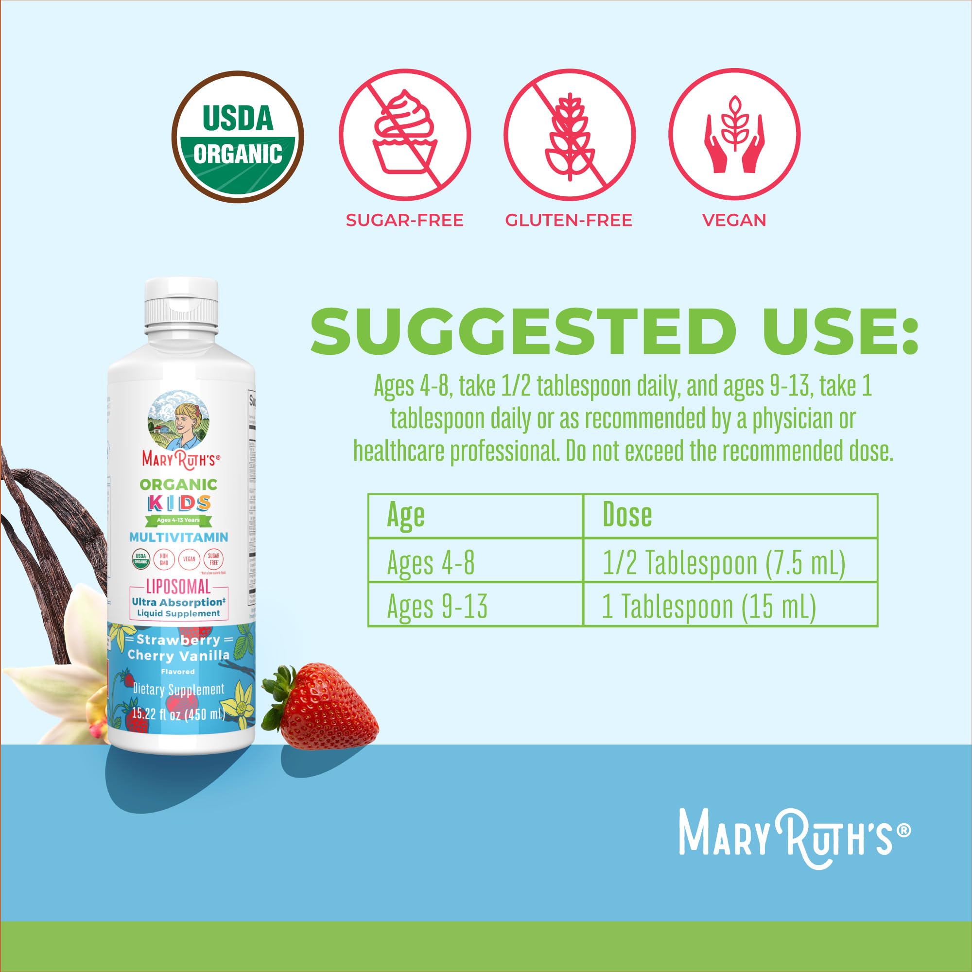 MaryRuth's Kids Multivitamin Liposomal, sabor fresa, fórmula suave para tomas diarias.