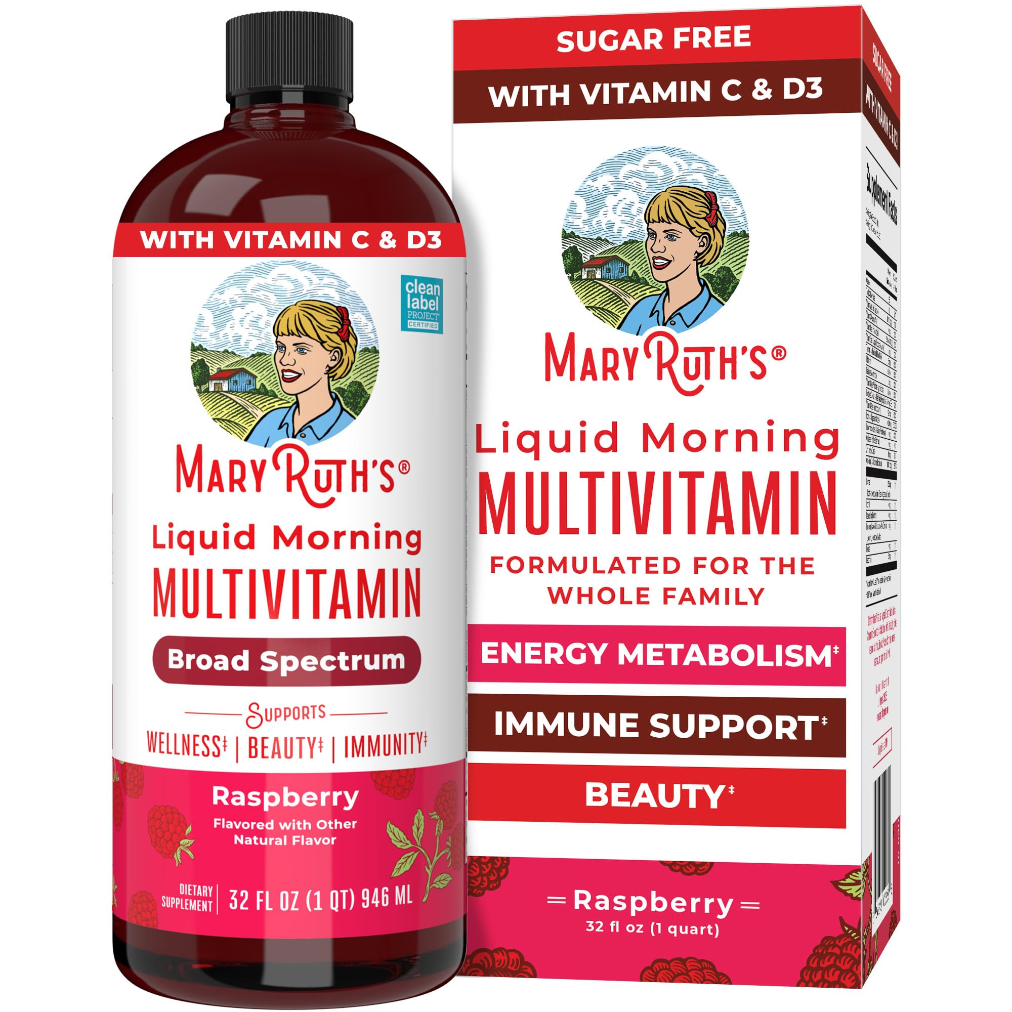 MARYRUTH'S líquido matutino multivitamínico frambuesa, botella lista para empezar el día.