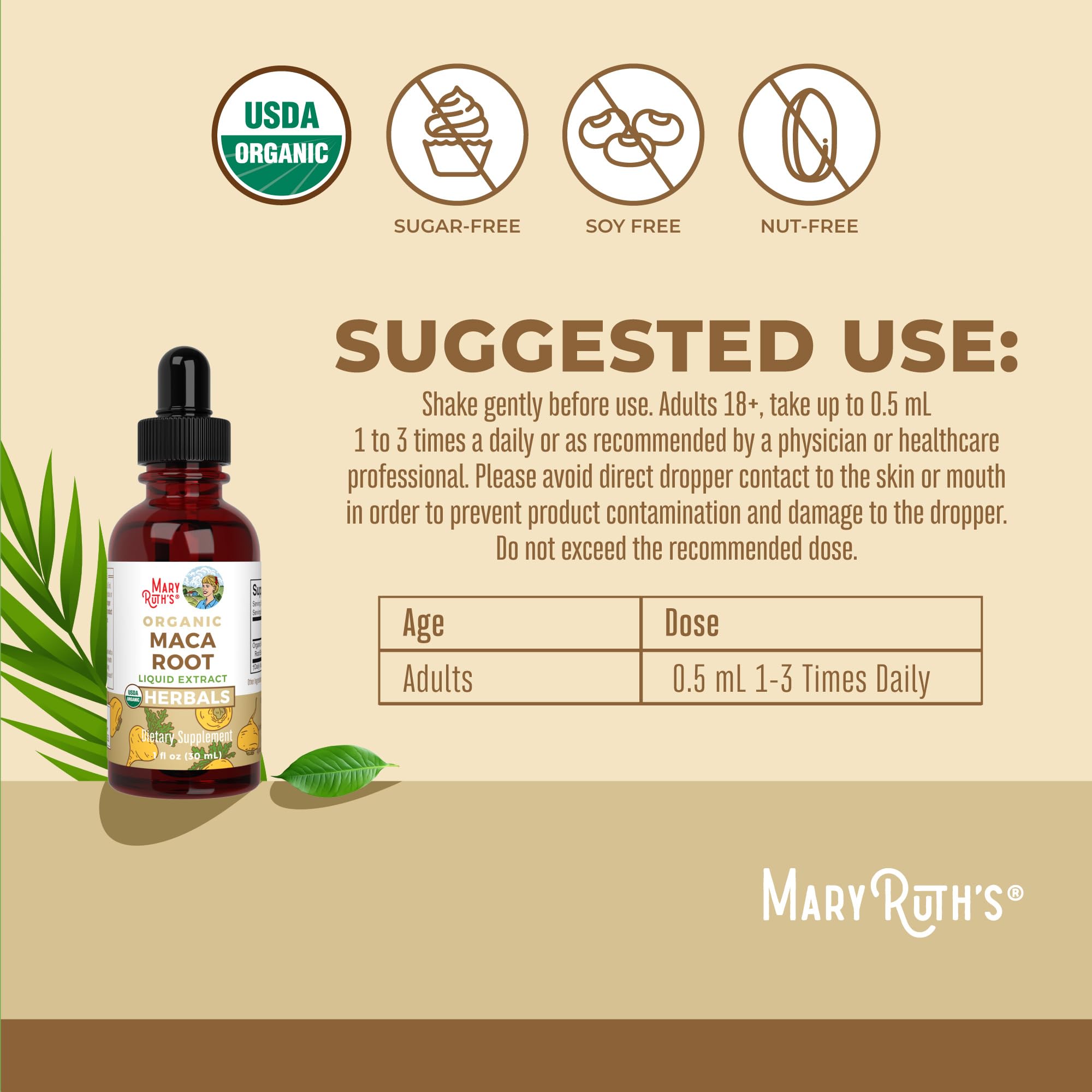 MaryRuth's Maca: dosis en gotas para adaptar tu rutina diaria.