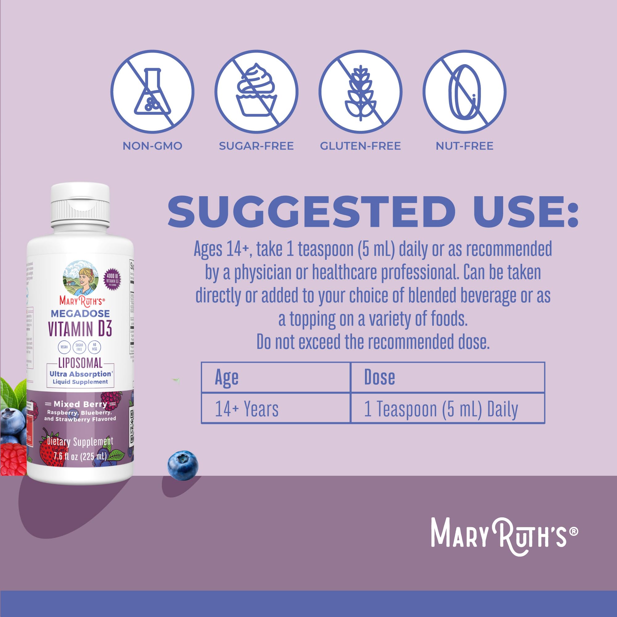 MaryRuth's Megadose D3 Liposomal, etiqueta-cerca, foco en ingredientes y absorción