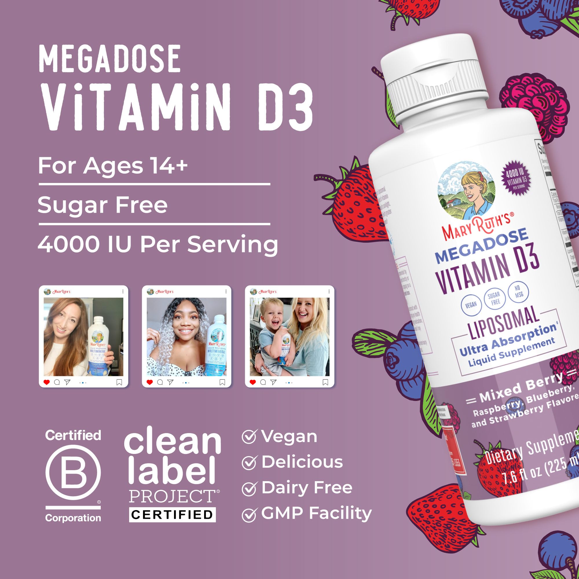 MaryRuth's Megadose D3 Liposomal, lista-ingredientes, sin azúcares añadidos