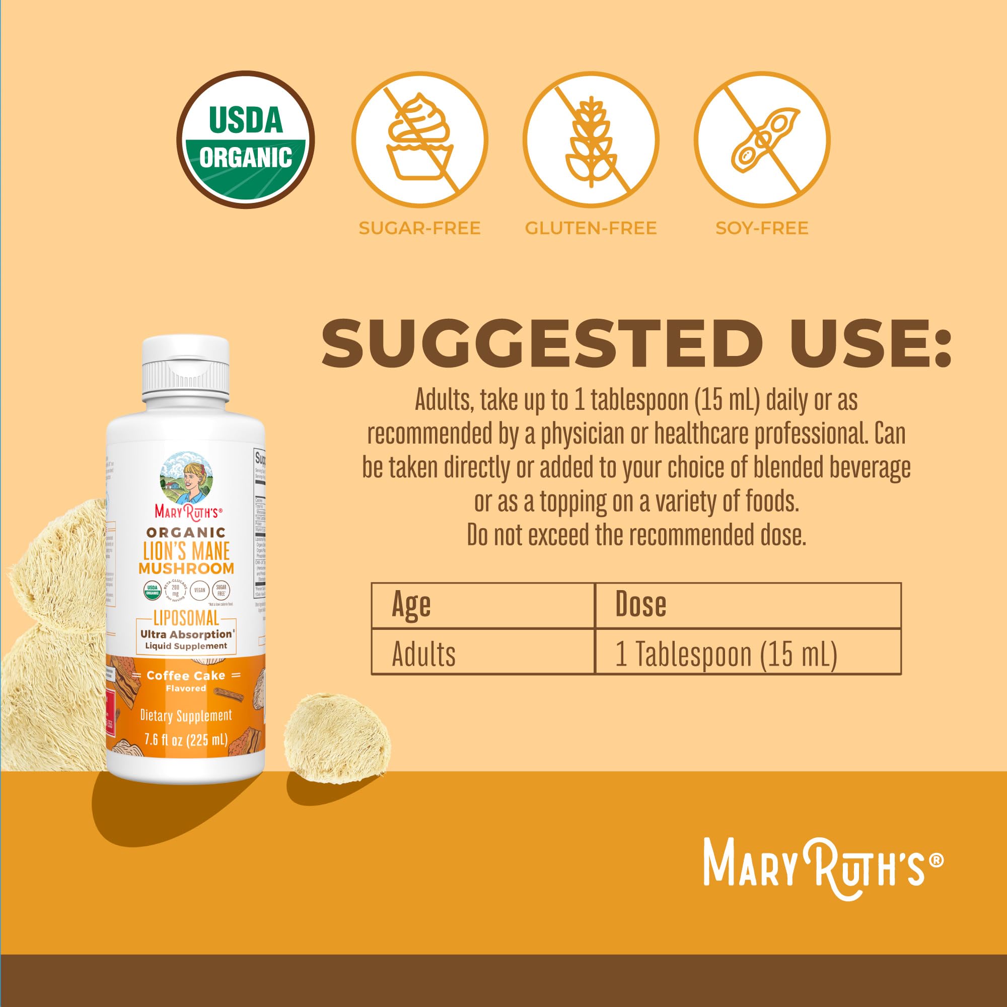MARYRUTH'S Melena de León Liposomal cuentagotas, añade fácilmente a bebidas.