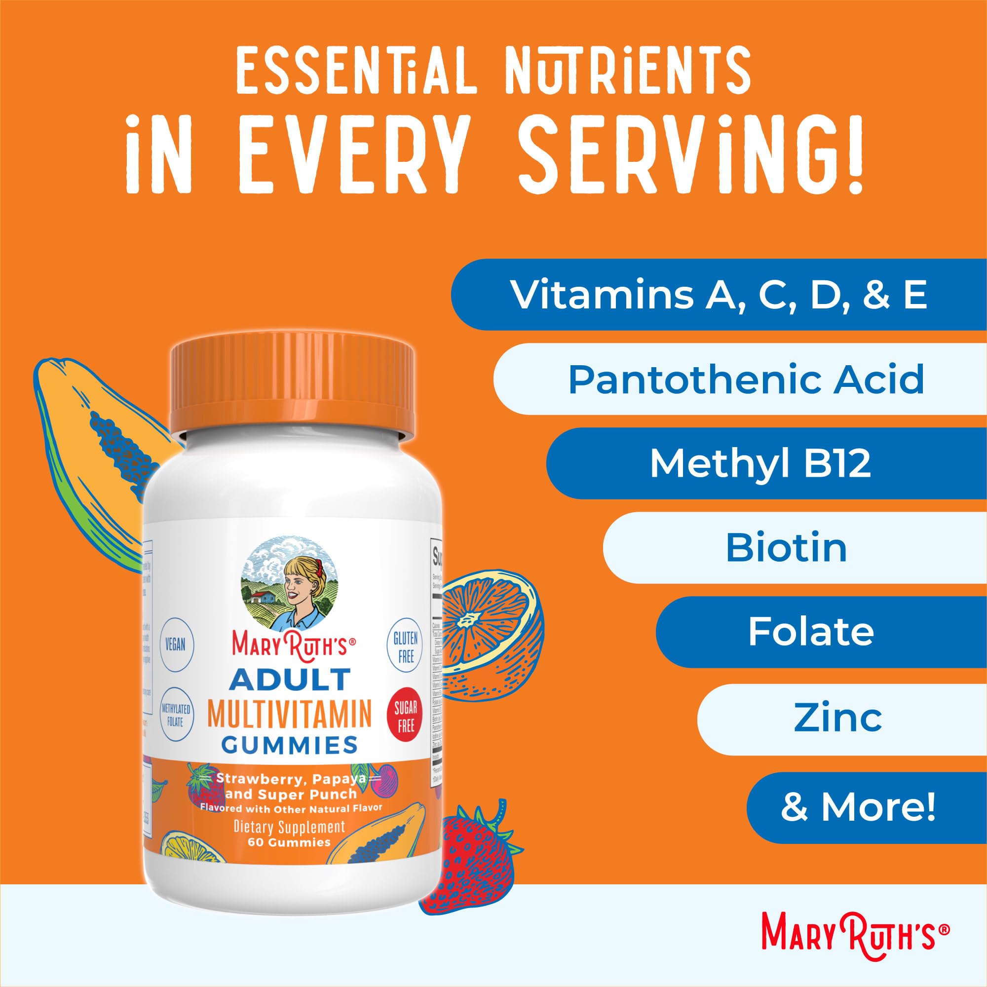 MaryRuth's multivitamínico gomitas, incluye vitaminas clave para energía y bienestar.