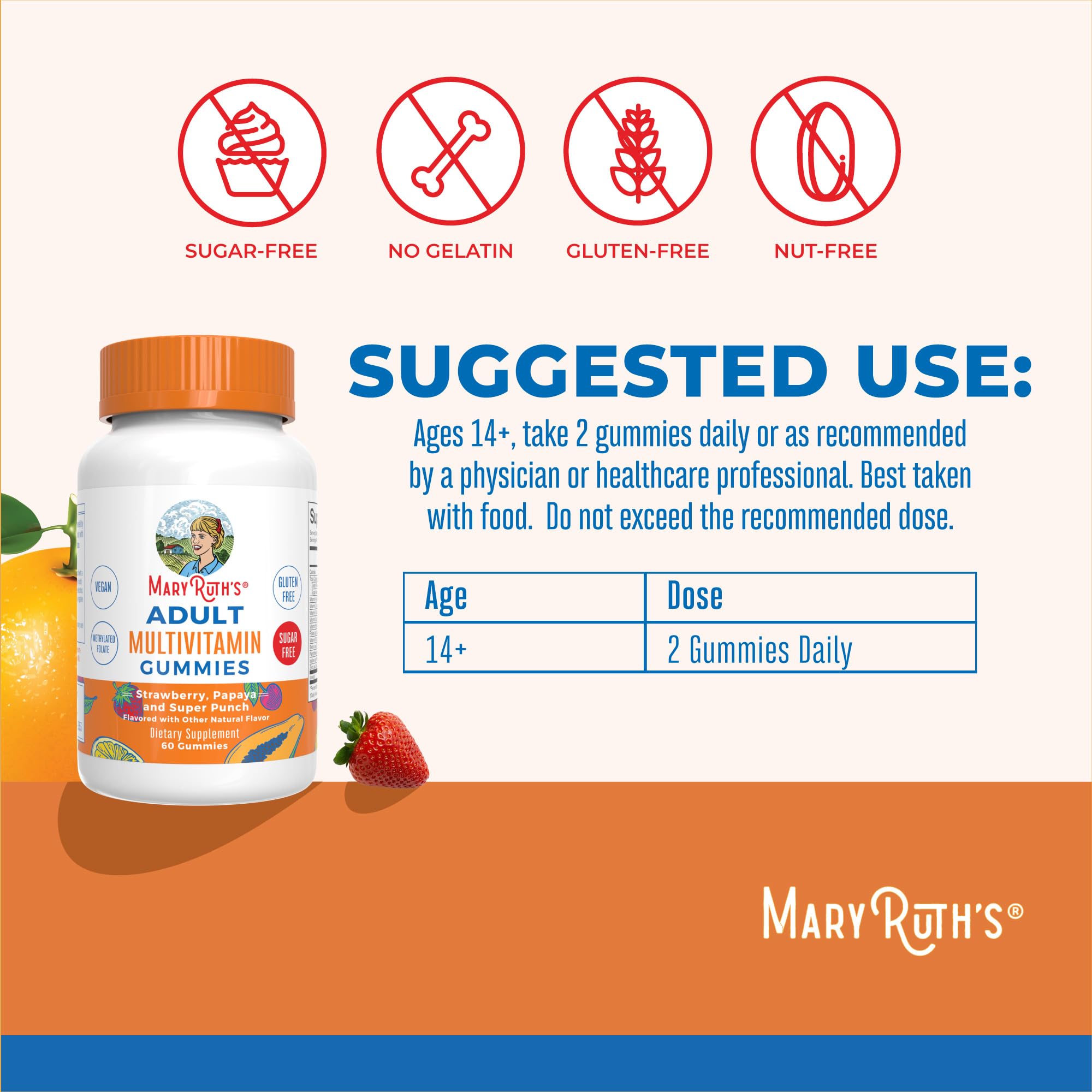 MaryRuth's multivitamínico gomitas, etiqueta clara, información de ingredientes para una selección fácil.