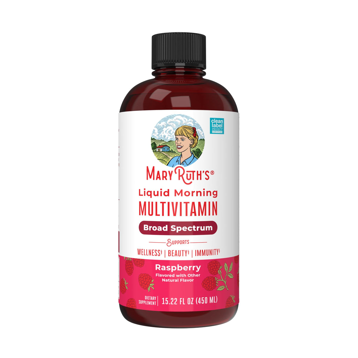 MARYRUTH'S multivitamínico frambuesa, botella vertiendo para consumo diario