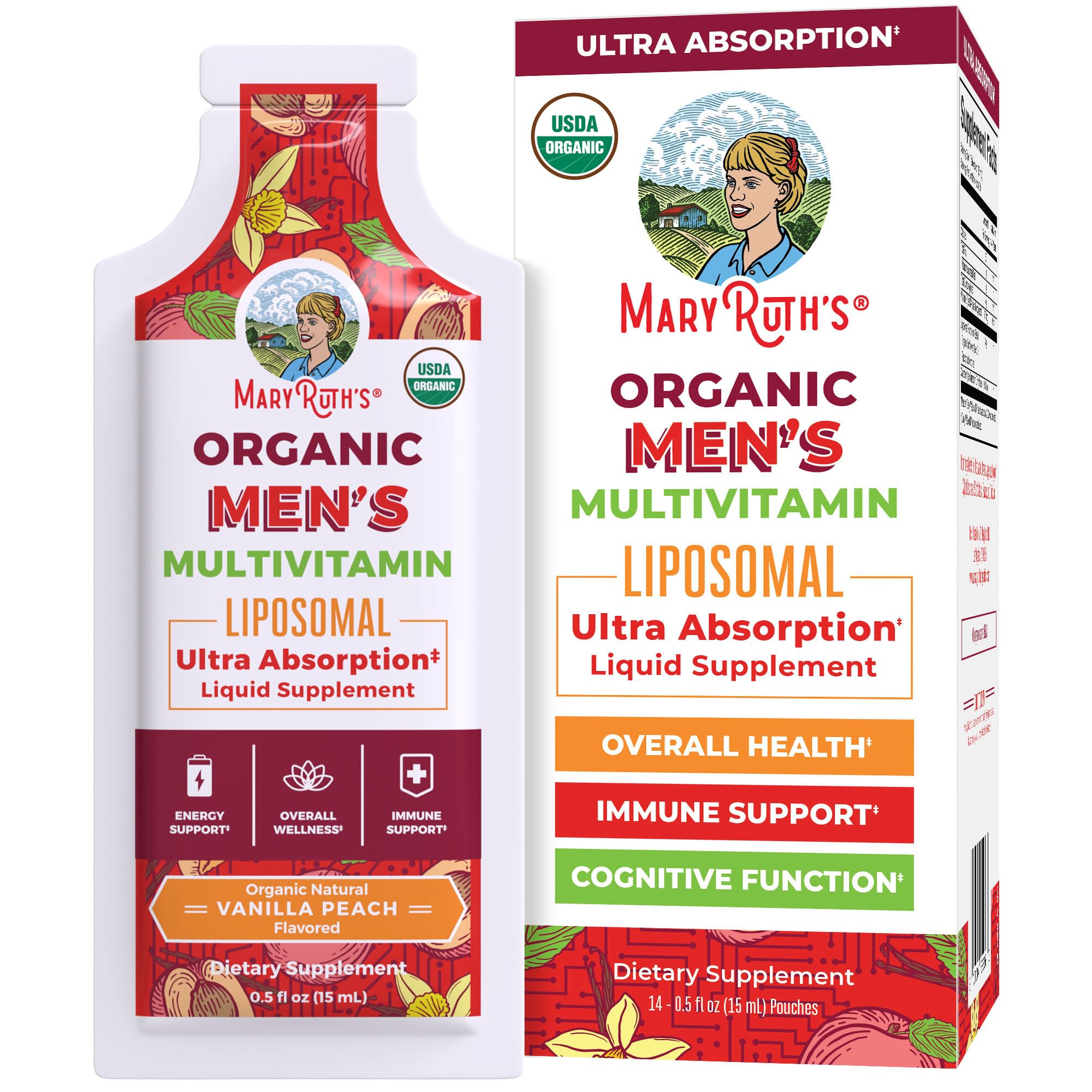 MaryRuth's multivitamin para hombres vertiendo desde la botella, apoyo diario de energía e inmunidad.
