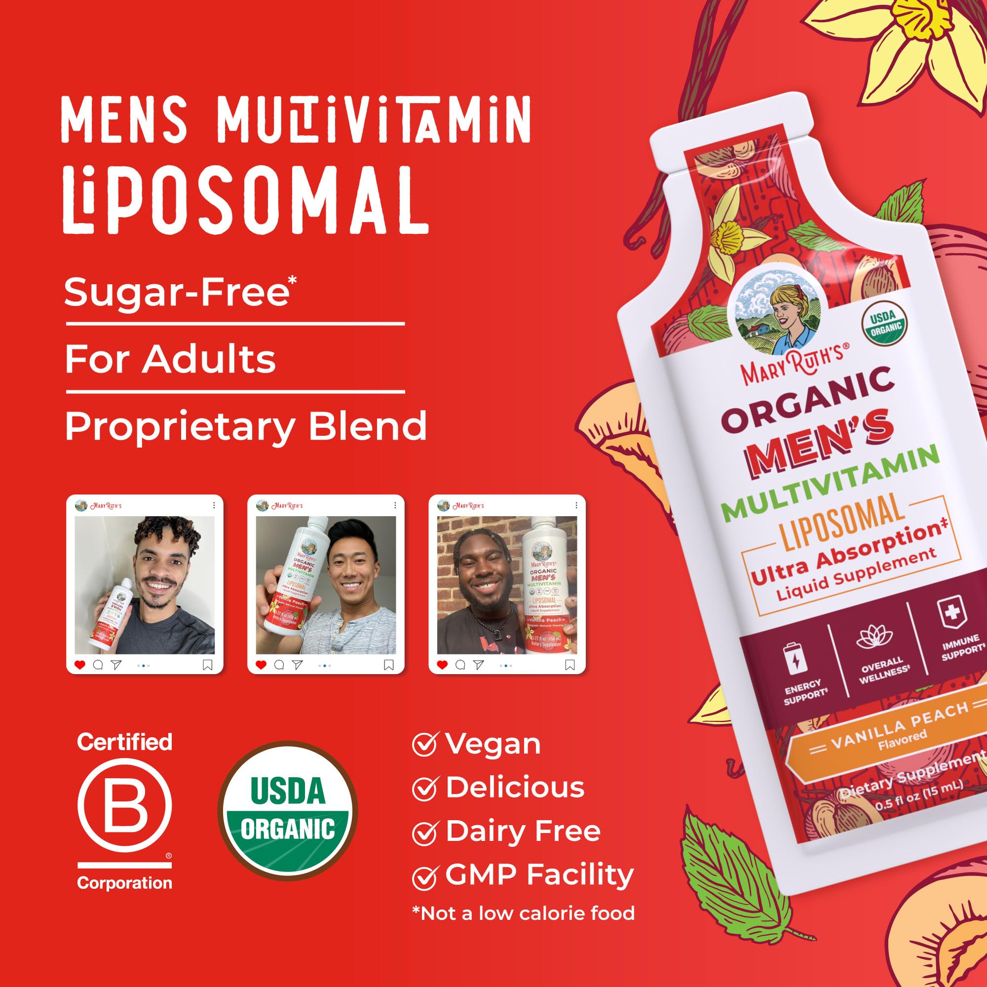 MaryRuth's multivitamin para hombres dosis diaria de 15 ml para soporte inmunológico.
