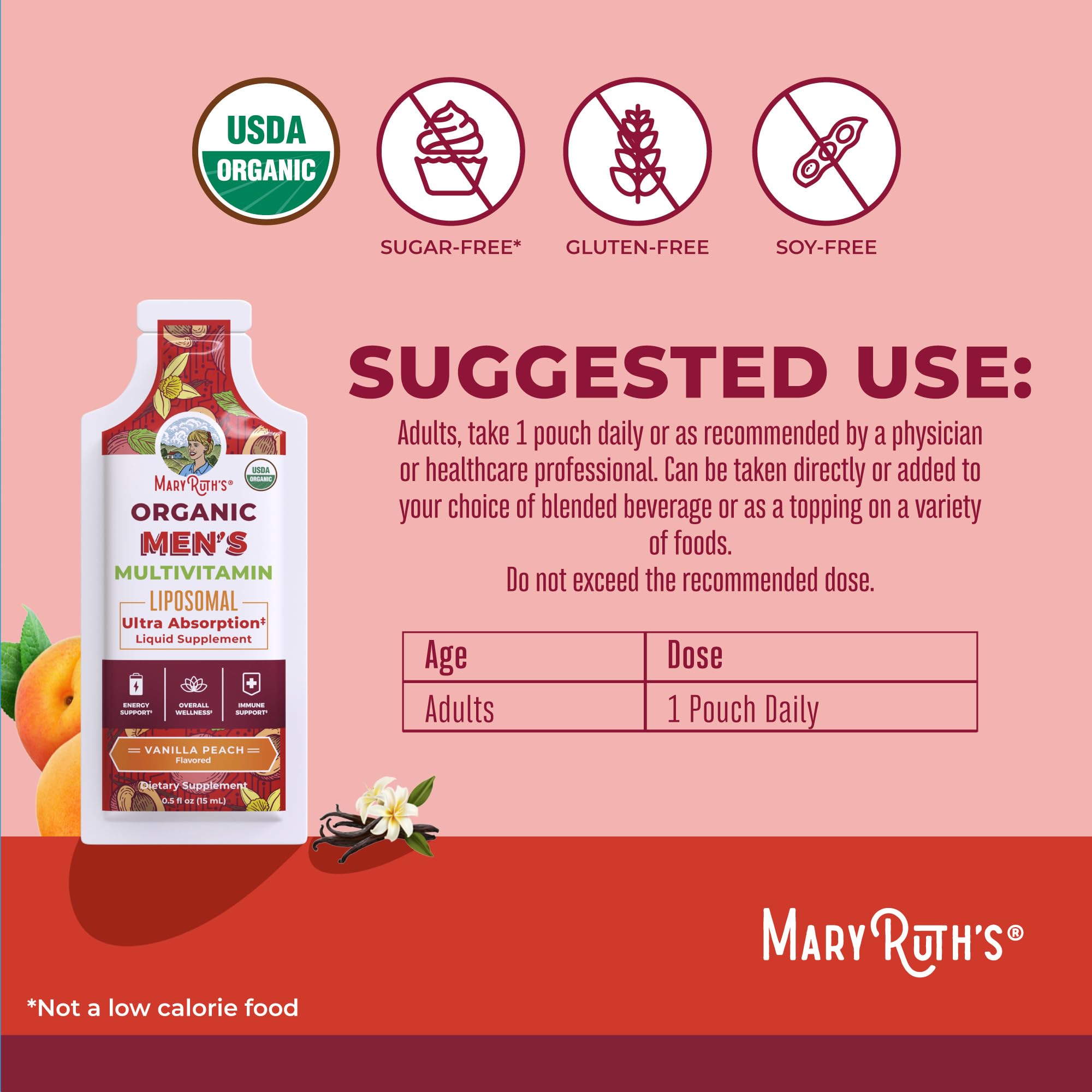 MaryRuth's multivitamin para hombres frasco en estante conservando nutrientes.