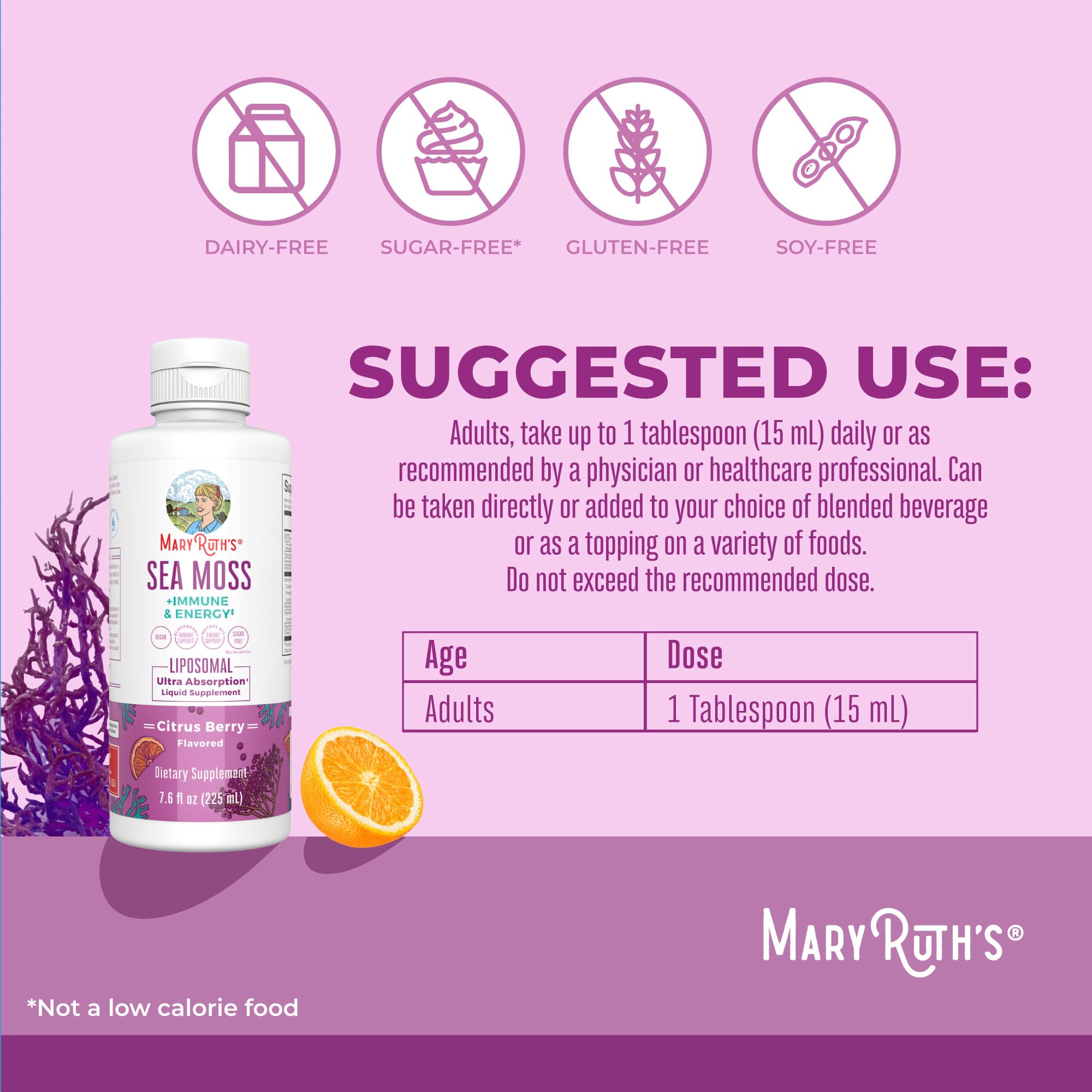 MARYRUTH'S musgo del mar liposomado: etiqueta legible para revisar ingredientes y beneficios.