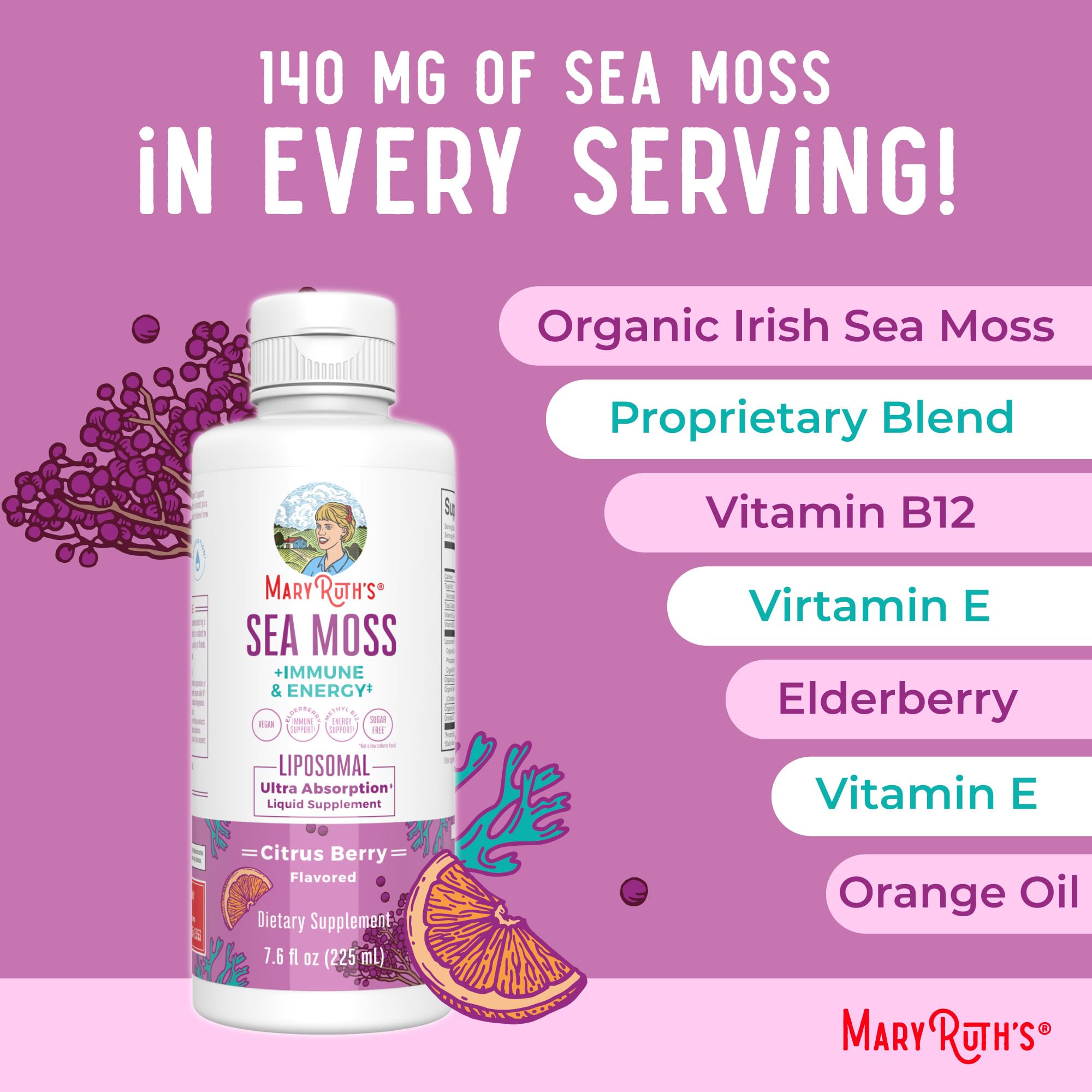 MARYRUTH'S musgo del mar liposomado: fuente de vitamina B12 y E en cada dosis.