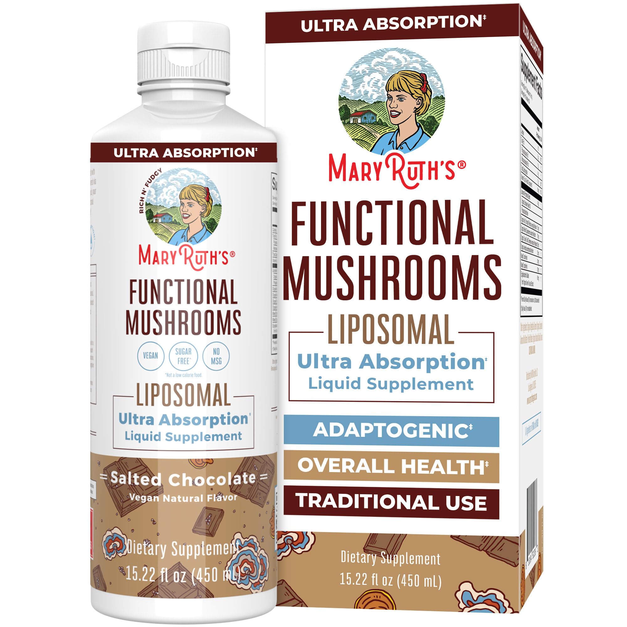 MaryRuth's Mushroom líquido en botella mejora la absorción para uso diario.