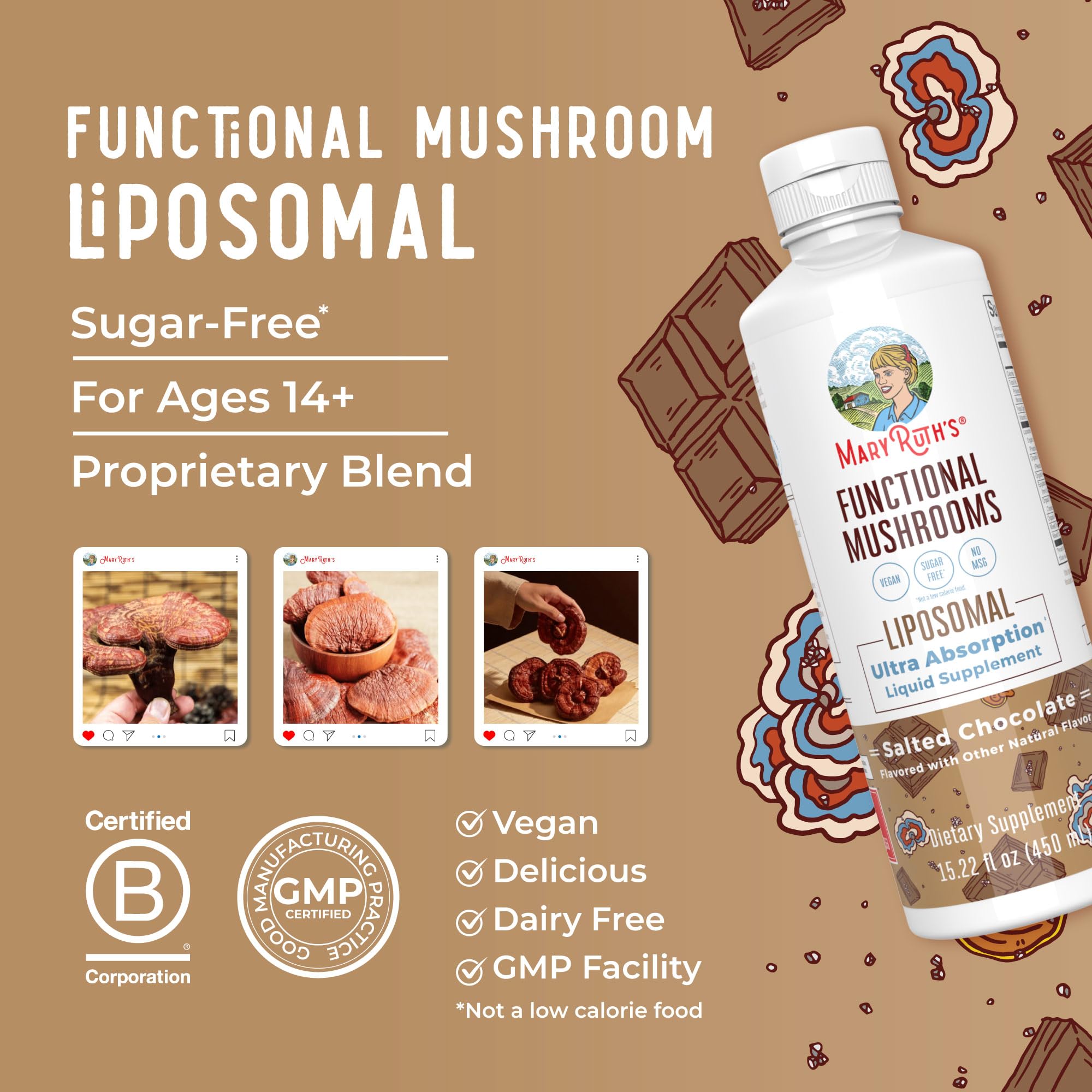 MaryRuth's Mushroom líquido apto para veganos y sin gluten.