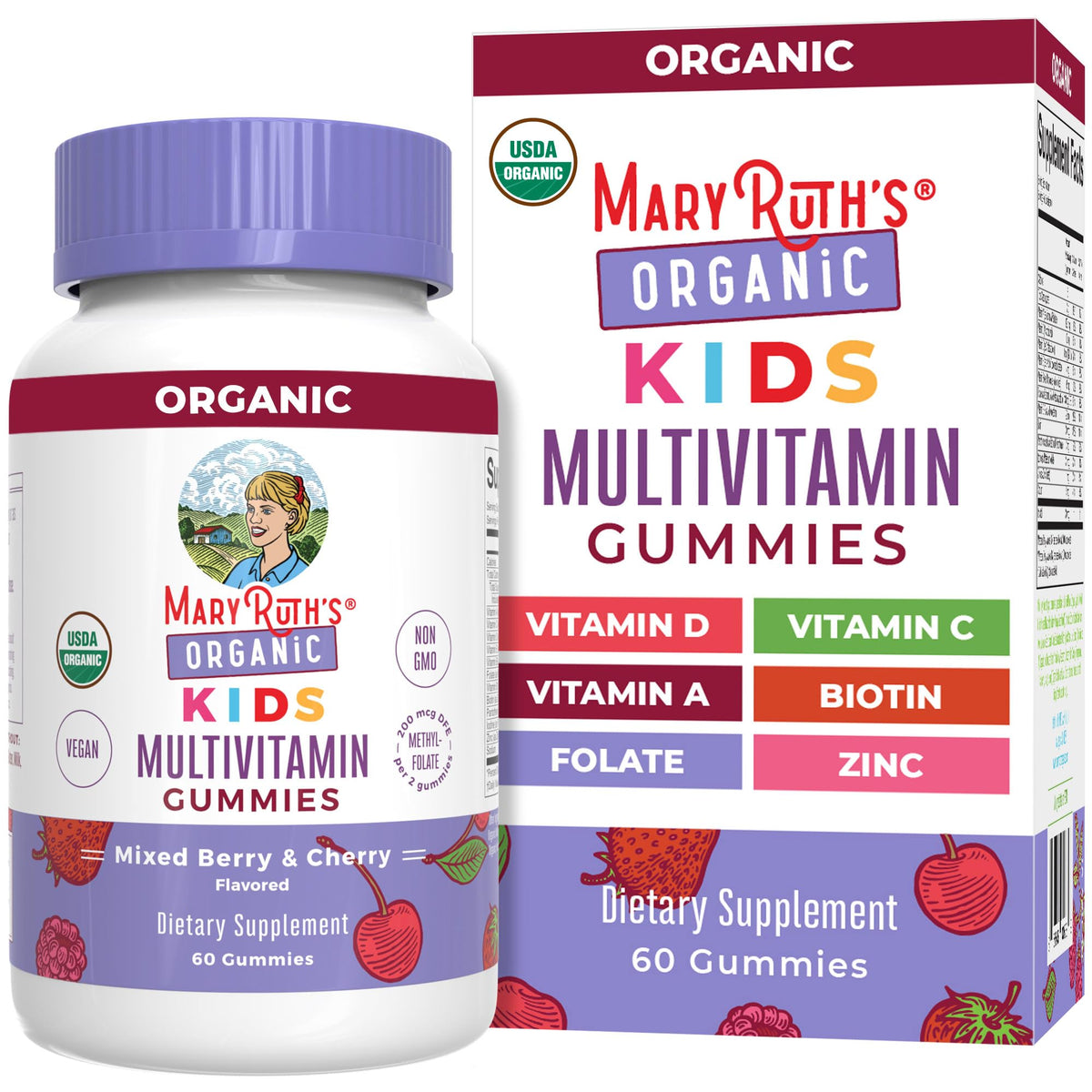 Gominolas MaryRuth's para niños de multivitaminas en sabores frambuesa y cereza para energía diaria.