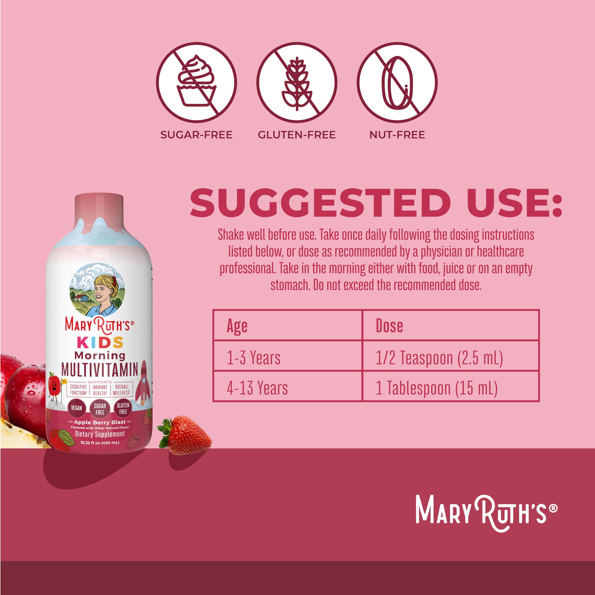 MaryRuth's Niños Multivitamínico líquido con sabor manzana-frambuesa, ideal para niños.