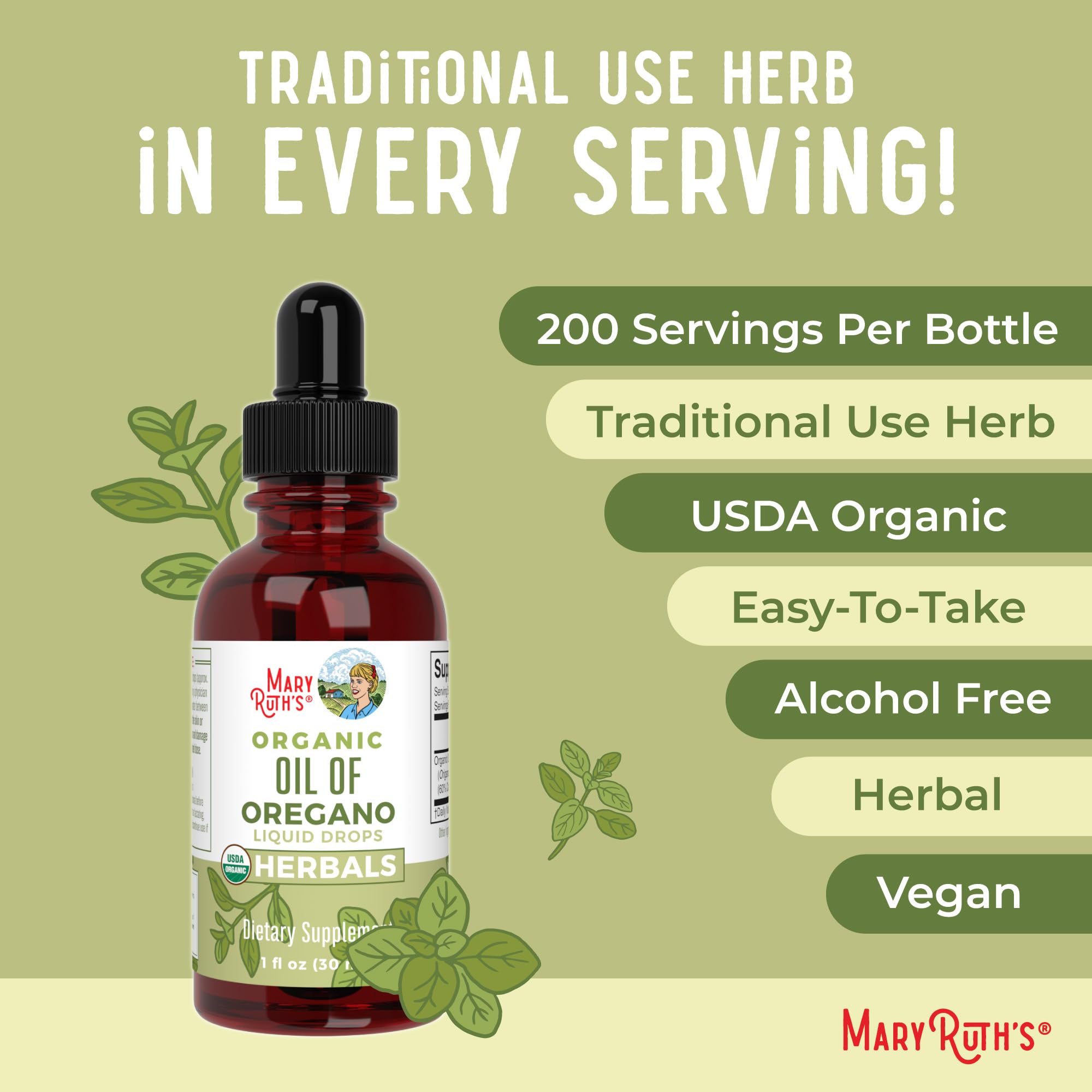 MaryRuth's Oregano Oil Drops sin alergenos comunes y vegano.
