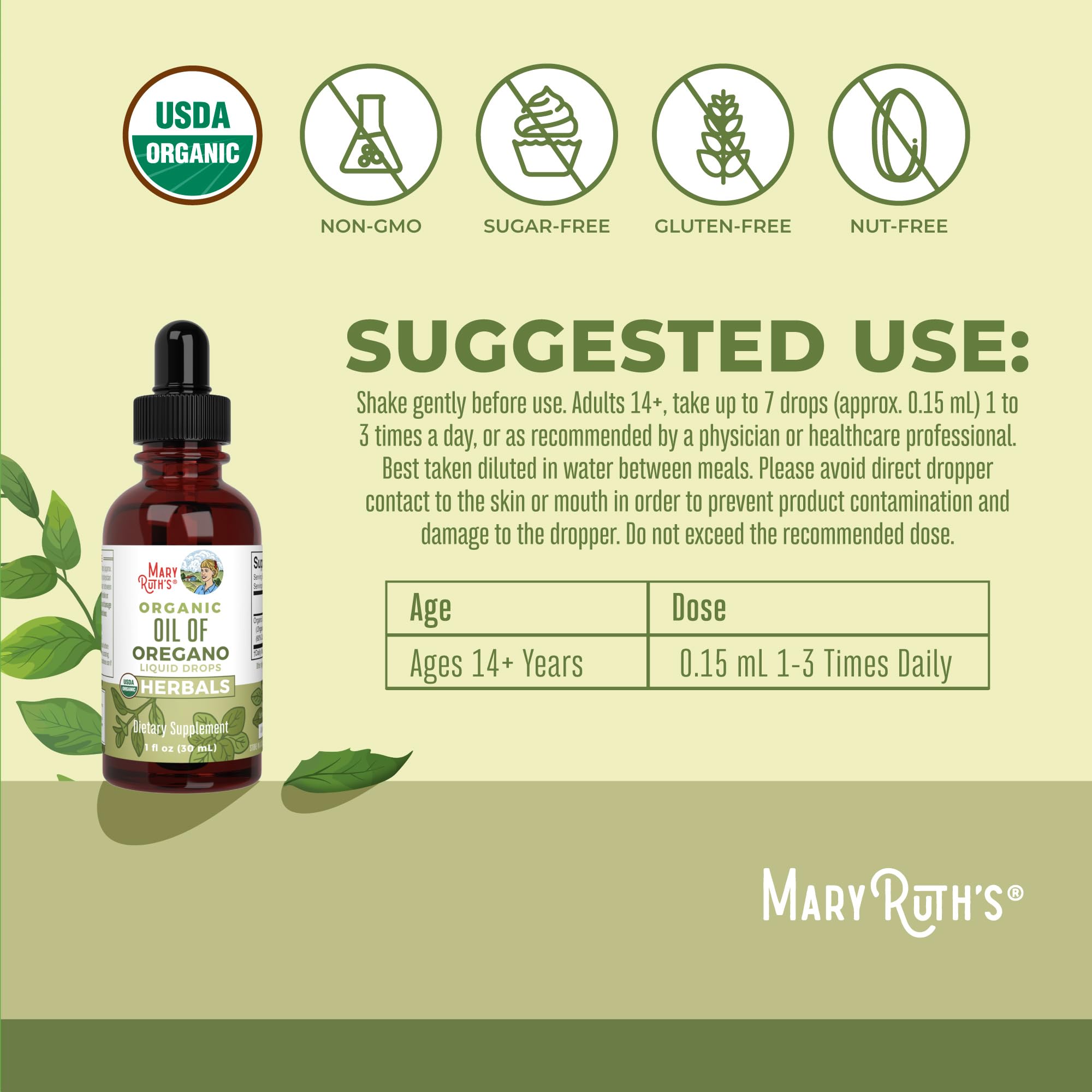 MaryRuth's Oregano Oil Drops muestra etiqueta legible y diseño claro.
