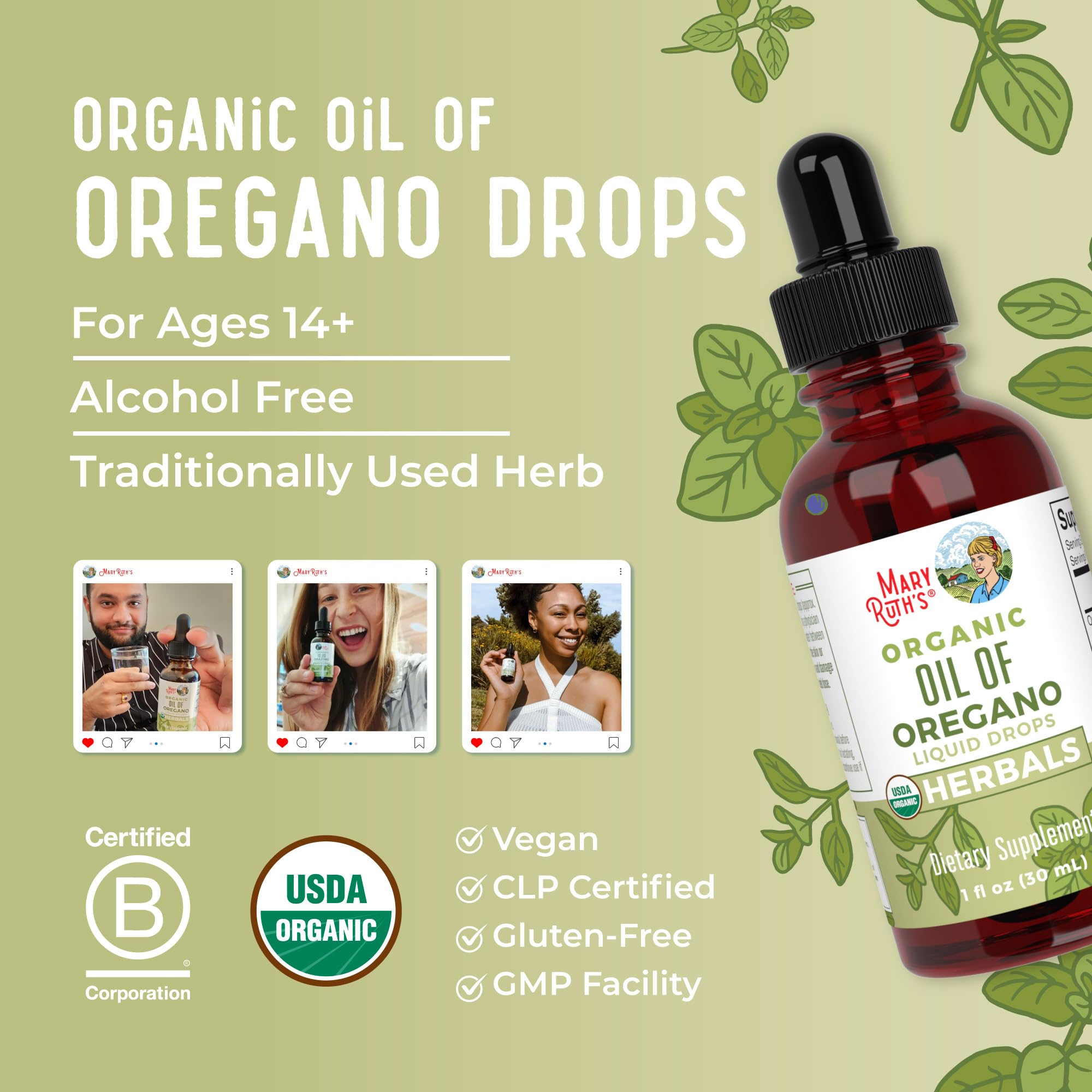 MaryRuth's Oregano Oil Drops con certificación USDA Organic.