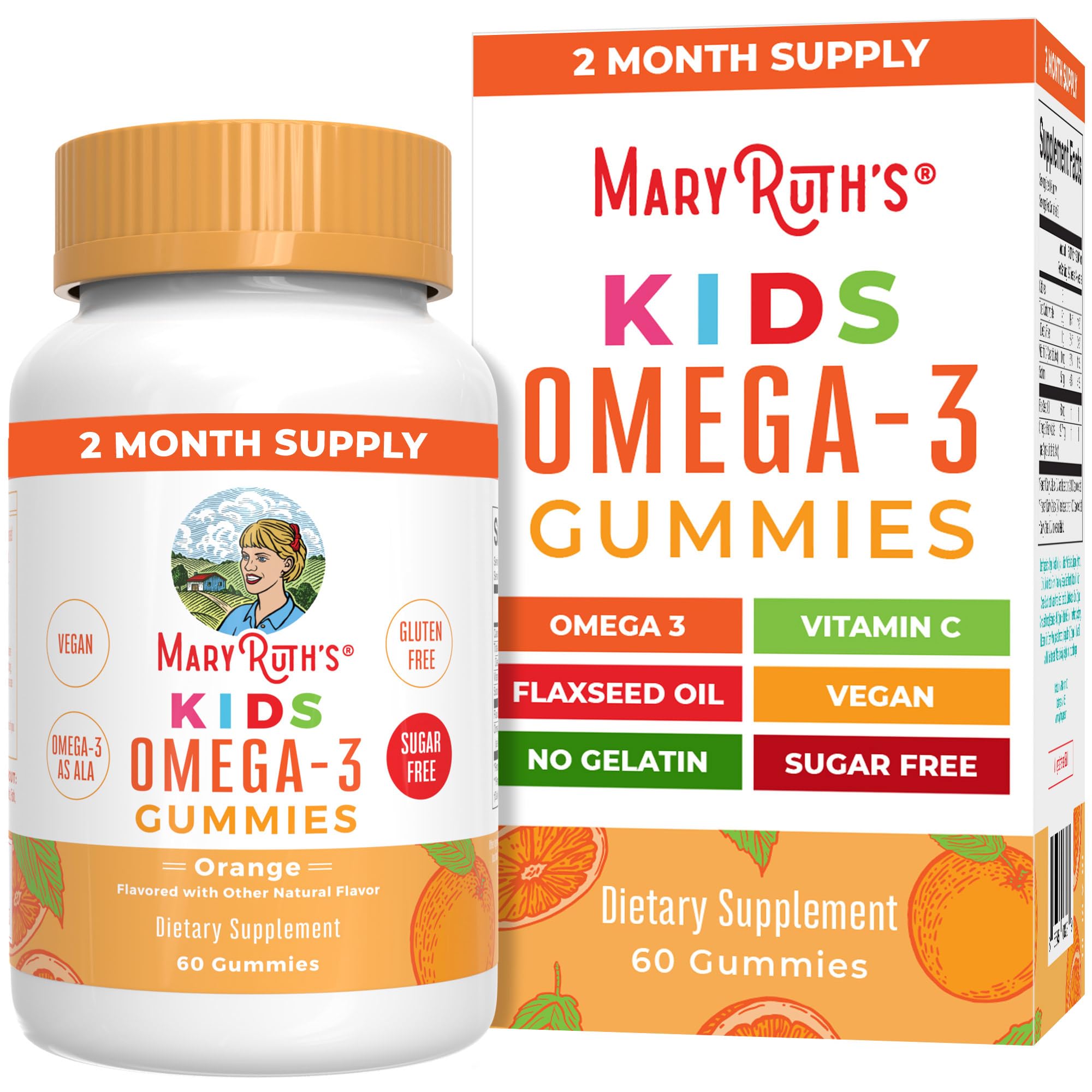 MaryRuth's Organics gomitas omega-3 vegan para niños, envase práctico y masticación fácil.