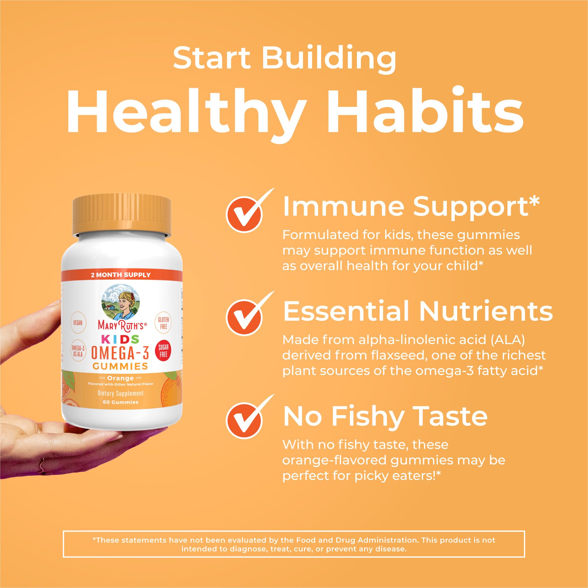 MaryRuth's Organics omega-3 para niños, envase de 60 gomitas y fórmula apta para veganos.