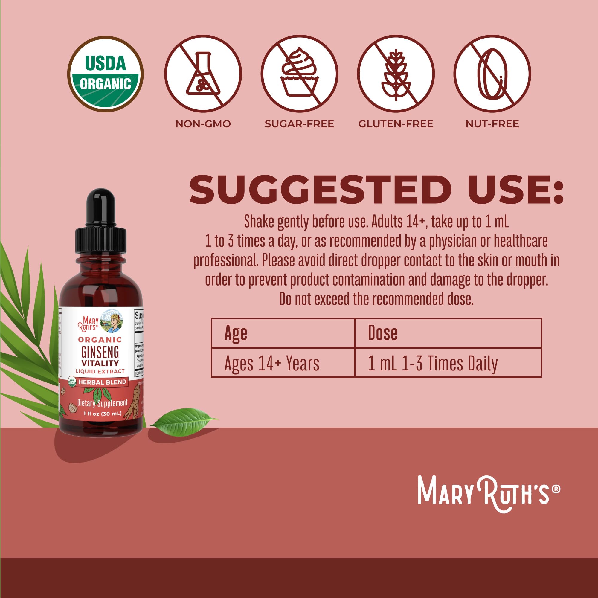 MaryRuth's Organics, detalle de ginseng en la etiqueta, opción de energía suave.