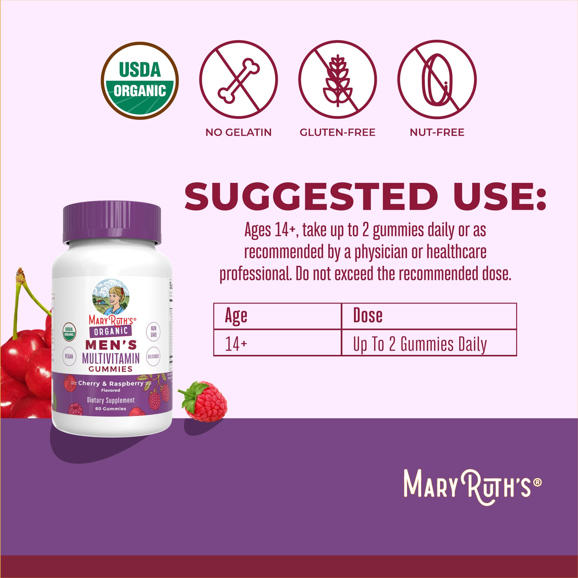 Etiqueta orgánica de MaryRuth's para vitaminas masculinas con ingredientes vegetales