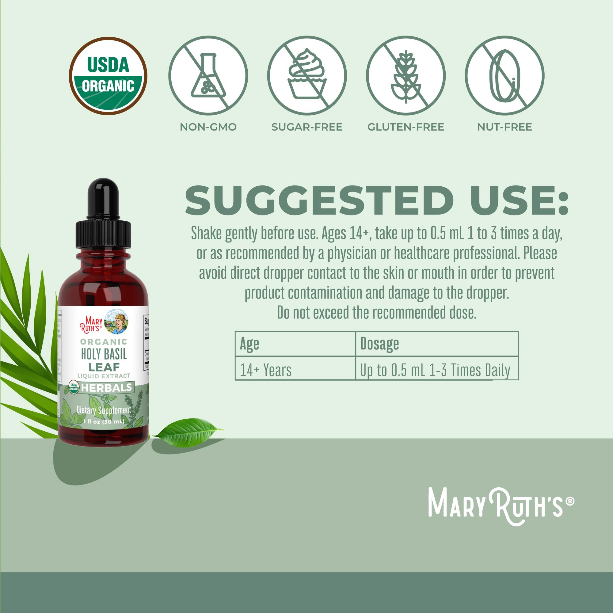 MaryRuth's Organics Tulsi hojas verdes, ingrediente natural para bienestar.