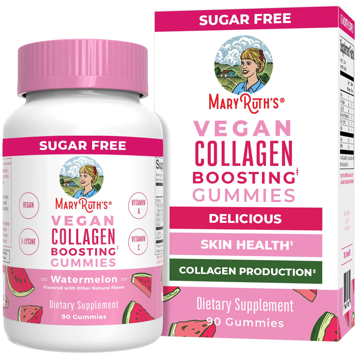 MaryRuth's Organics gominolas veganas de colágeno frente a la botella, sabor a sandía para la piel.