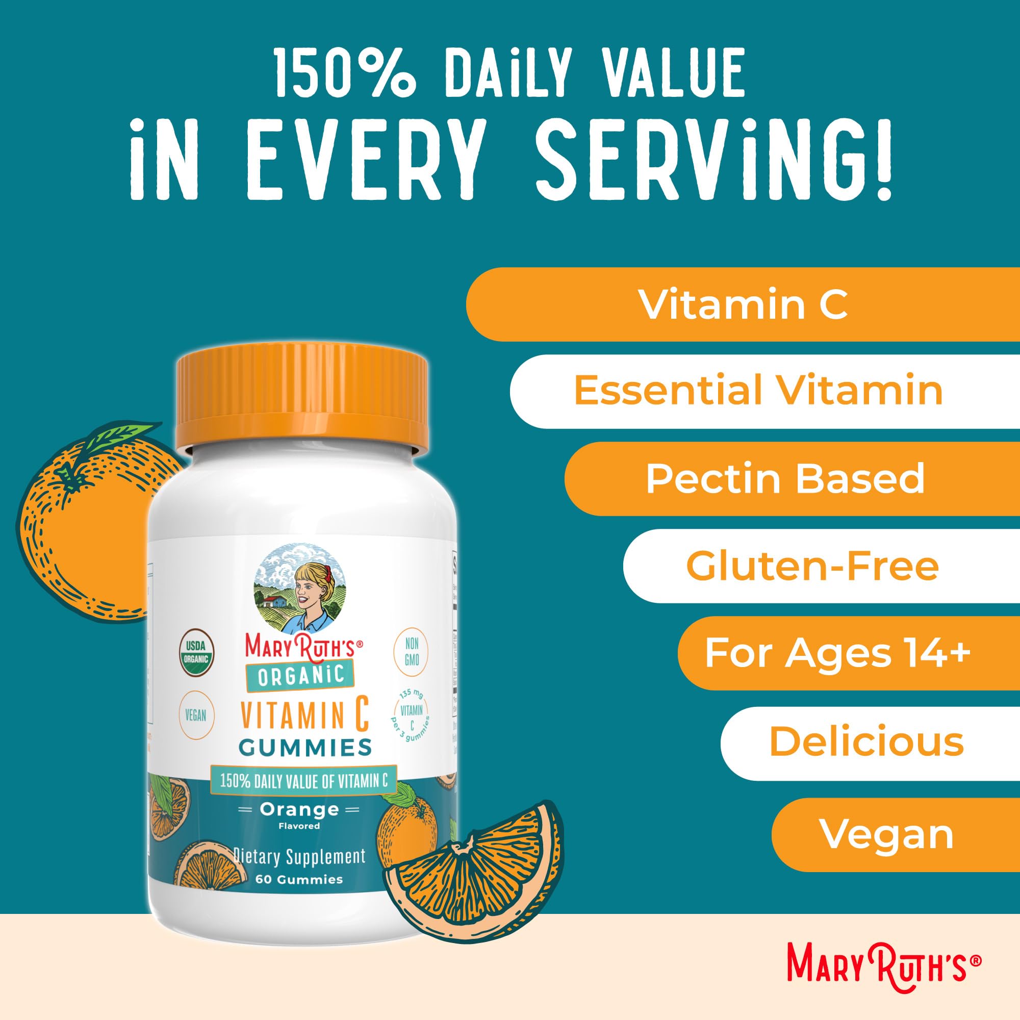 Frasco MaryRuth's Vitamina C, indicación para dosis diaria de tres gominolas.