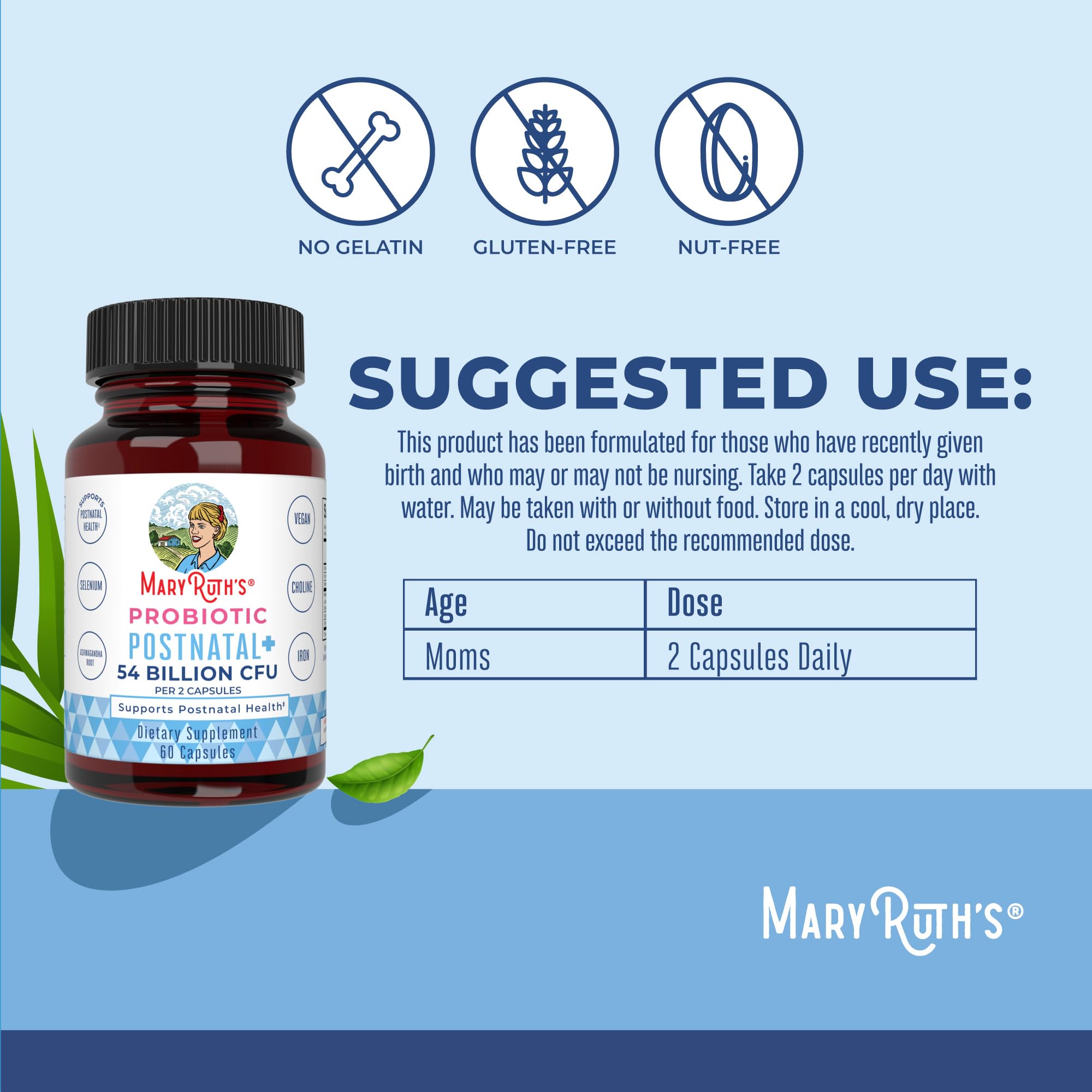 MaryRuth's Postnatal Probiotics etiqueta nutricional clara para comparación
