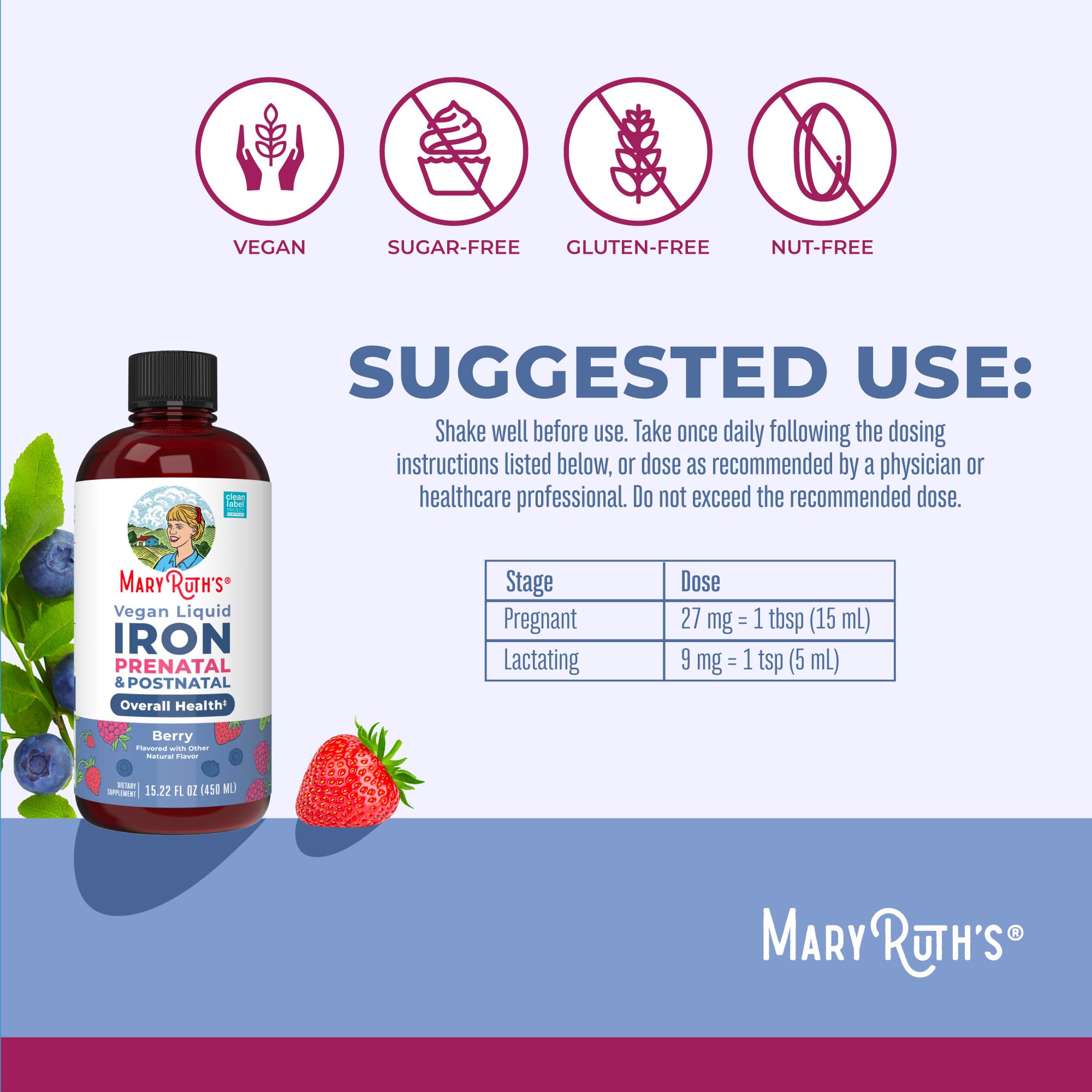 MaryRuth's hierro líquido con sabor a baya: complemento diario para energía
