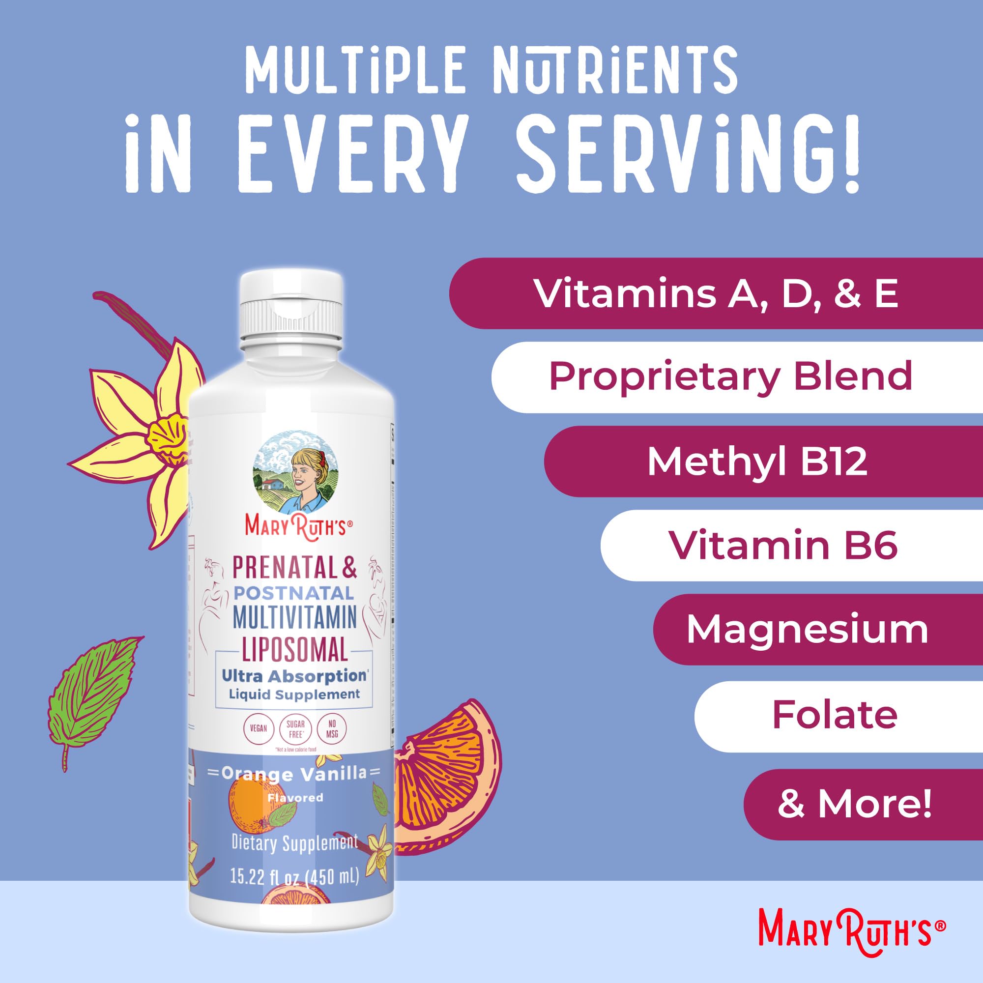 MaryRuth's etiqueta visible en envase, sin gluten ni lactosa.