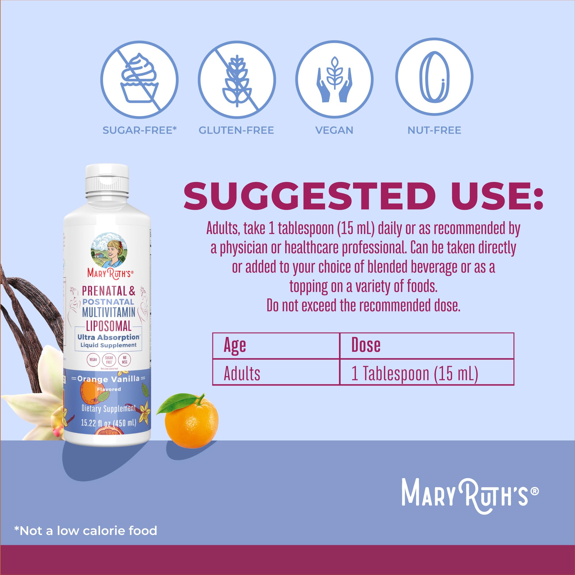MaryRuth's Liposomal prenatal postnatal sabor naranja vainilla, fácil de incorporar.