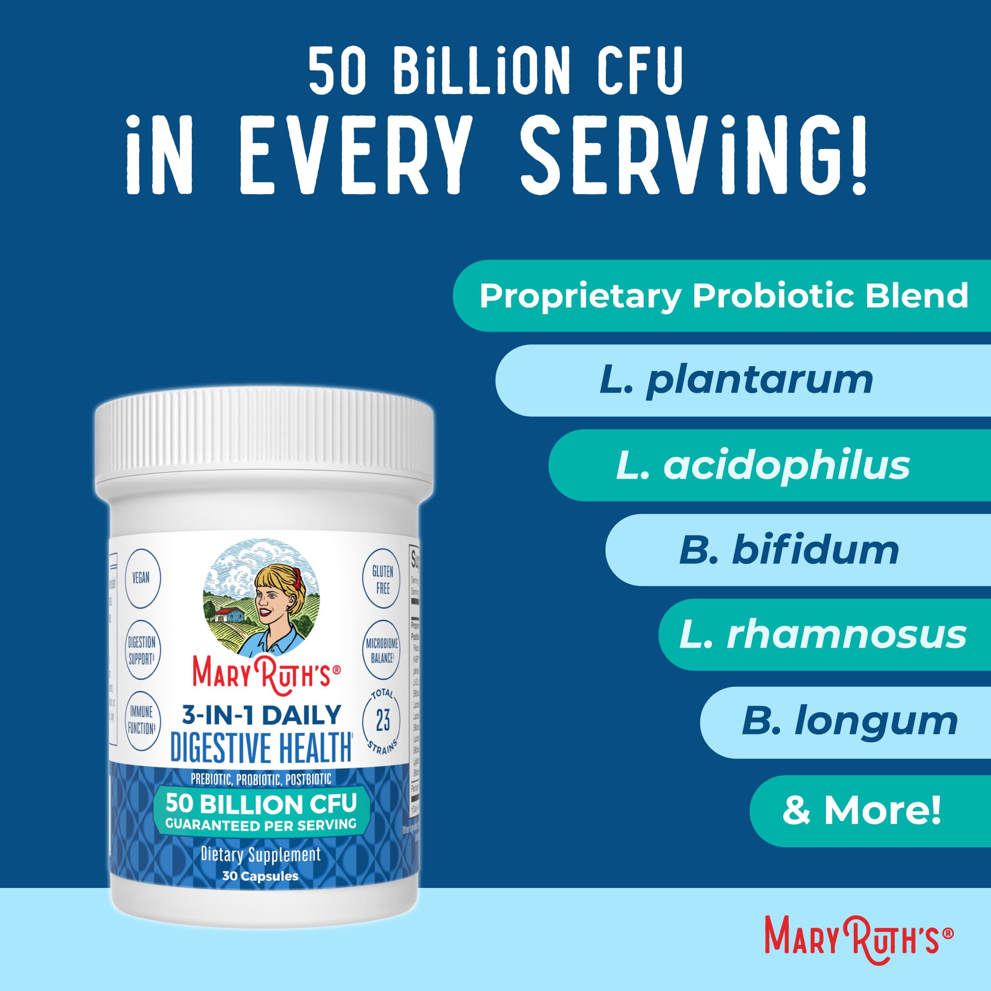 MaryRuth's 3-en-1 Probiotics balance microbiano, apoyo digestivo sostenible