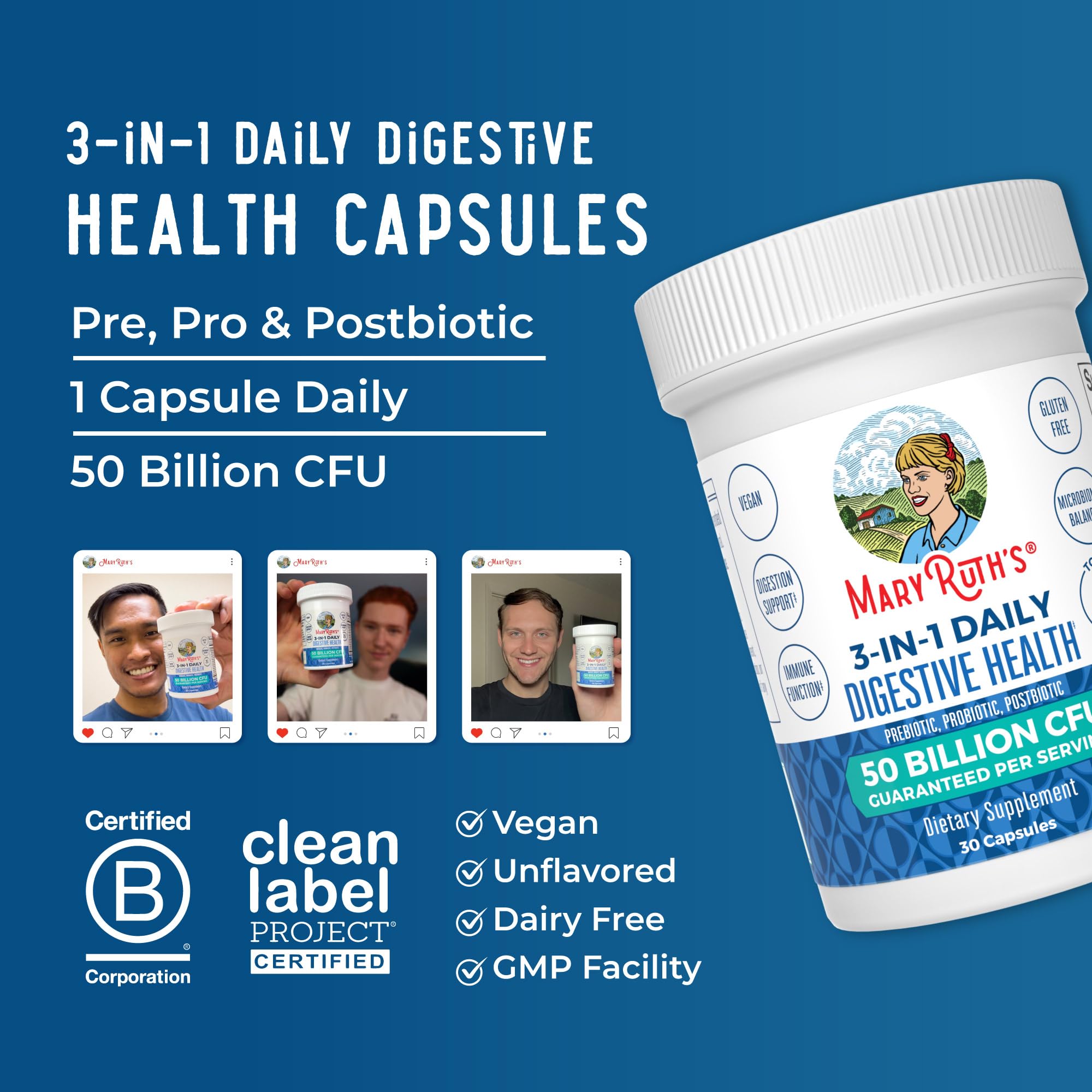 MaryRuth's 3-en-1 Probiotics cápsulas estables, uso diario sin complicaciones
