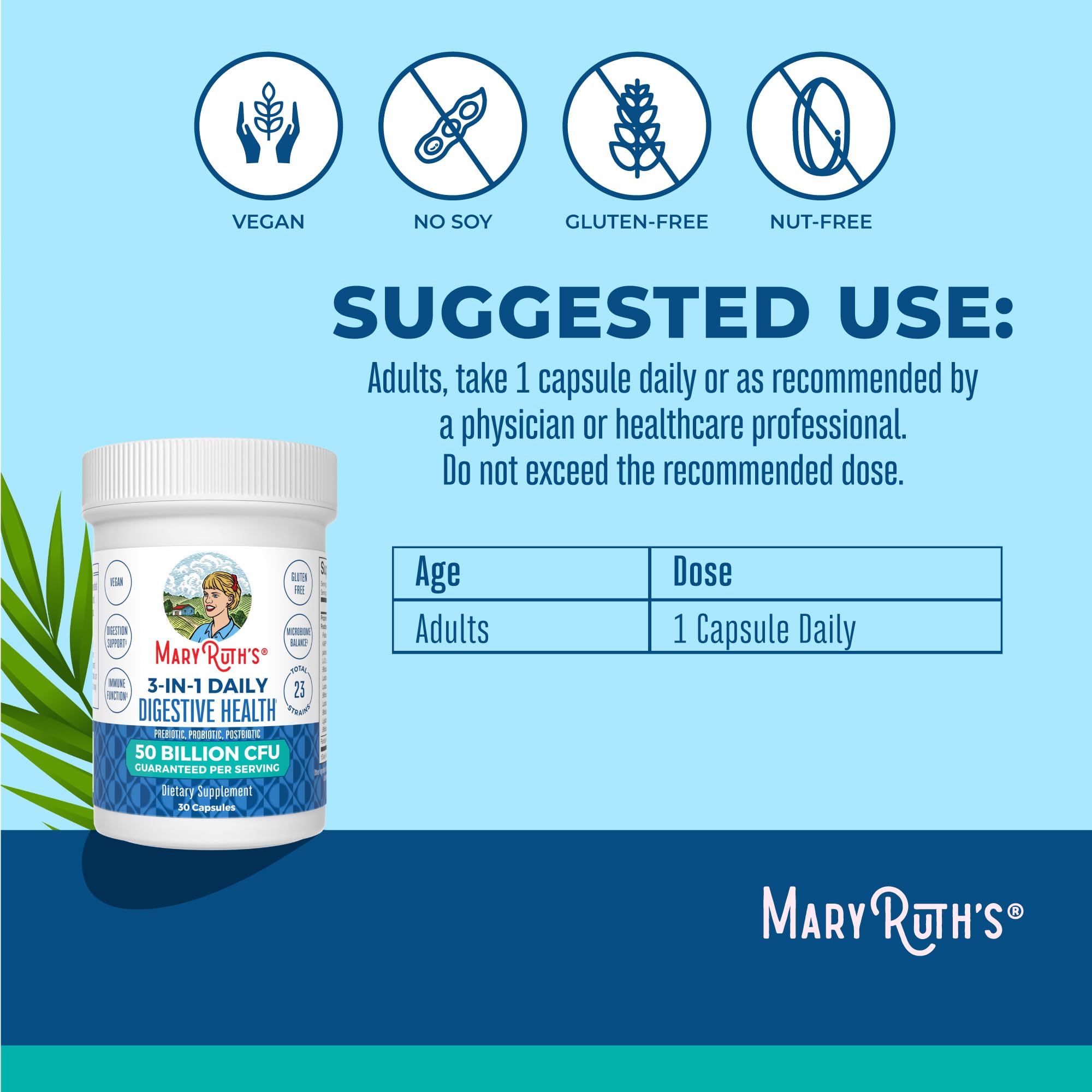 MaryRuth's 3-en-1 Probiotics, cápsulas para uso diario, digestión más suave