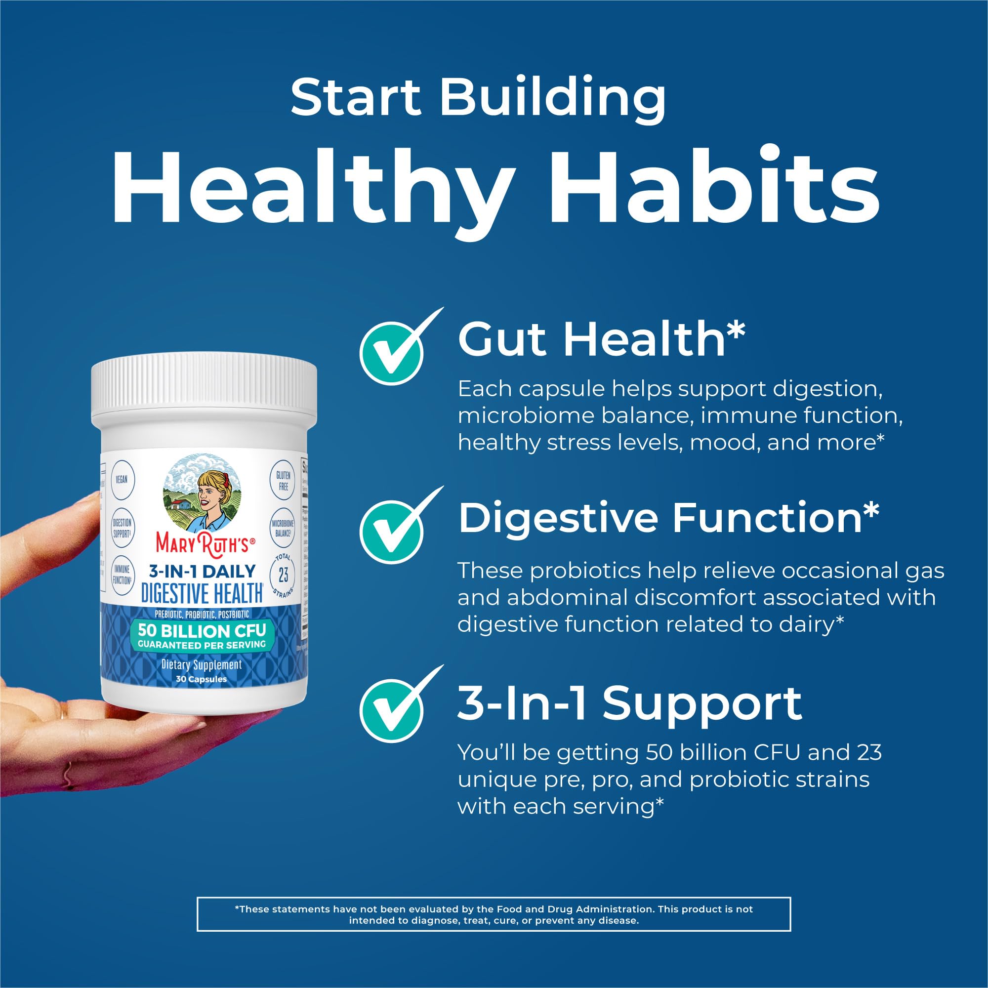 MaryRuth's 3-en-1 Probiotics etiqueta vegana, apto para dietas sin lactosa