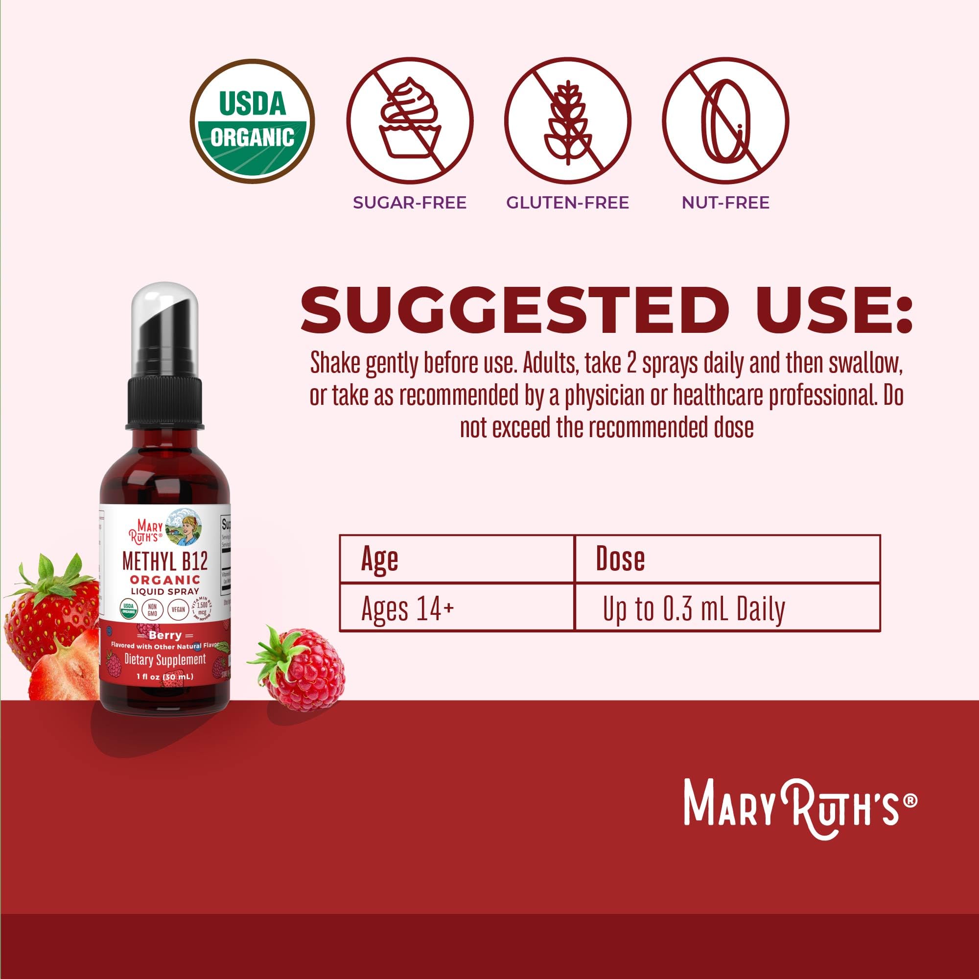 MaryRuth's spray sabor frambuesa, opción sabrosa diaria.