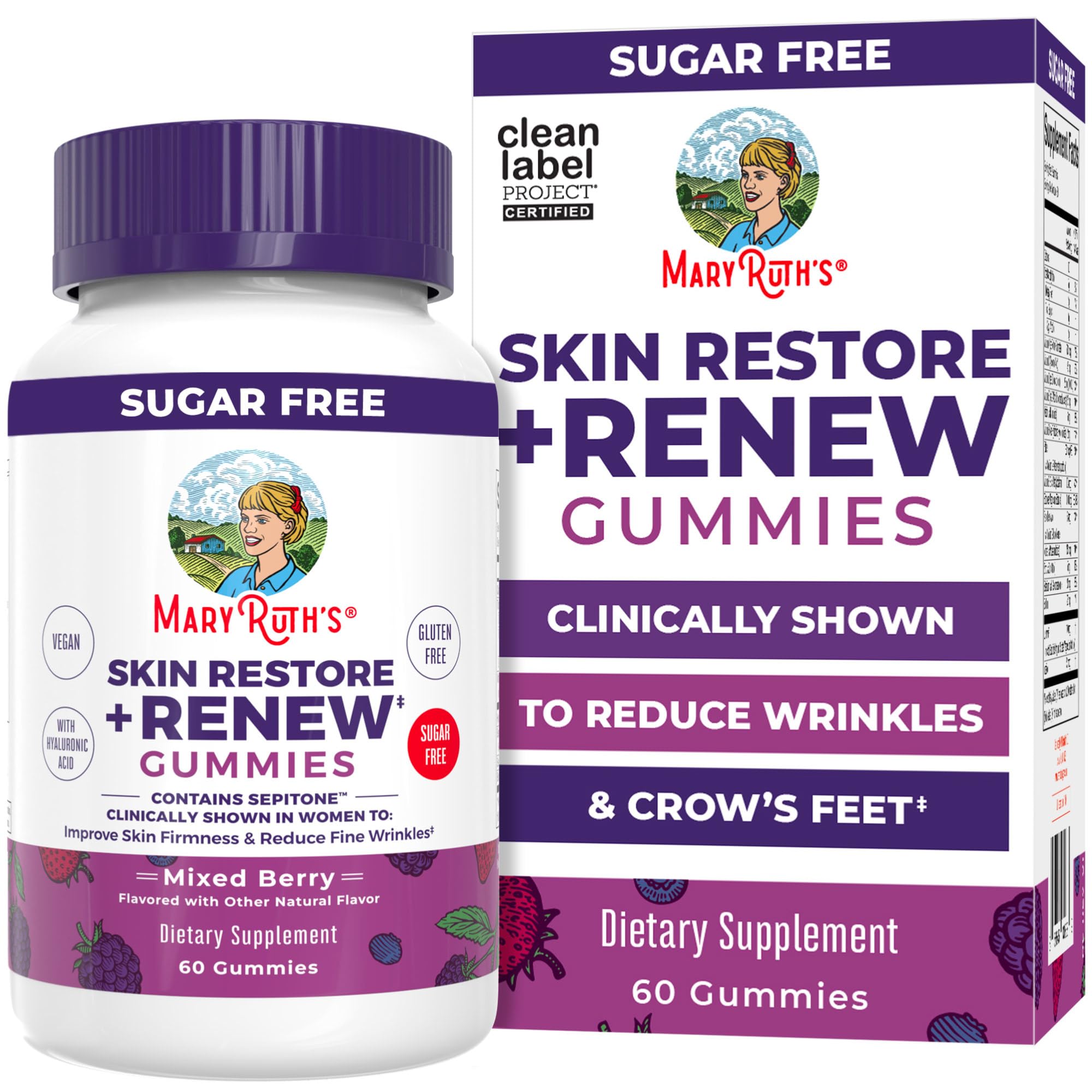MaryRuth's Skin Restore + Renew: botella de gomitas para hidratación desde dentro.